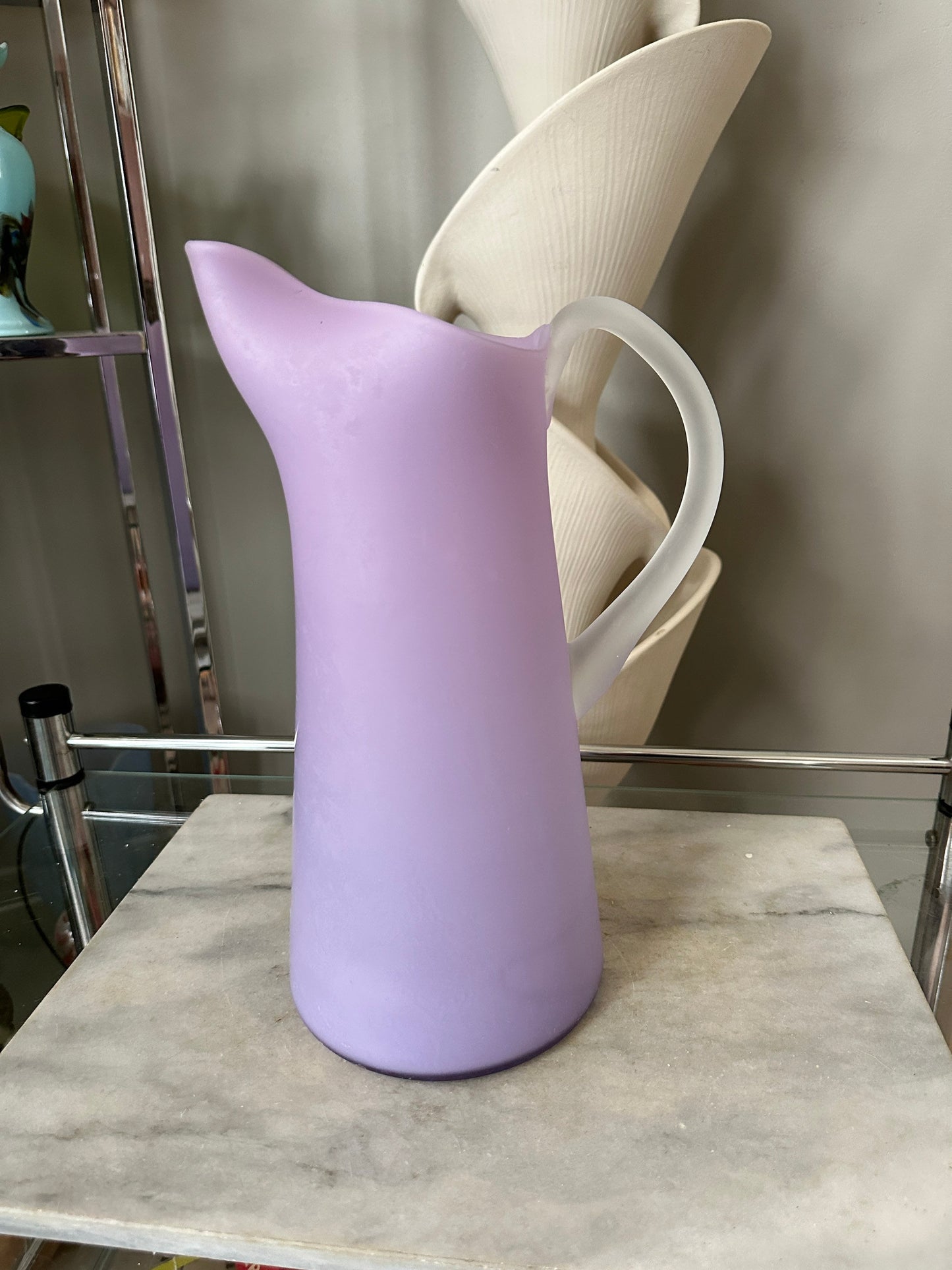 Mid Century Italian Purple Frosted Glass Pitcher Carafe - Mid Century Art Glass Vintage - MCM Mid Mod 19.5”