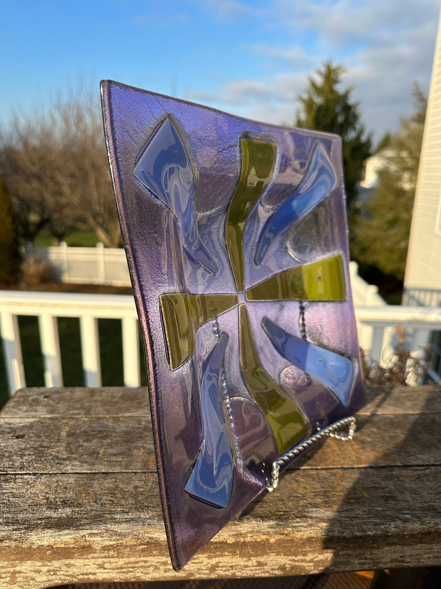 Vintage Higgins Glass Purple Green Blue Sunburst Mid Century Modern Rectangle Fused Art Glass Plate Dish Tray