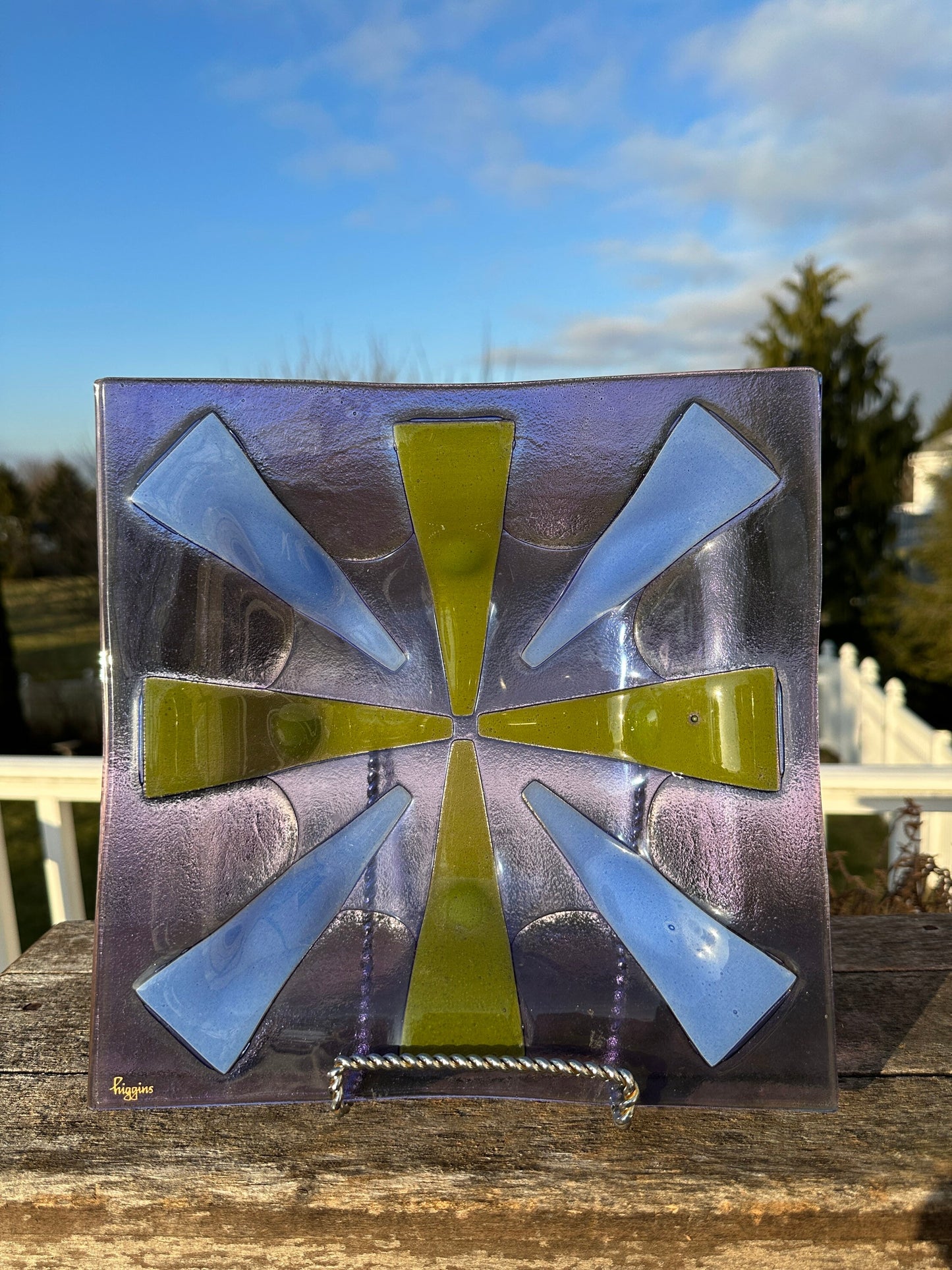 Vintage Higgins Glass Purple Green Blue Sunburst Mid Century Modern Rectangle Fused Art Glass Plate Dish Tray