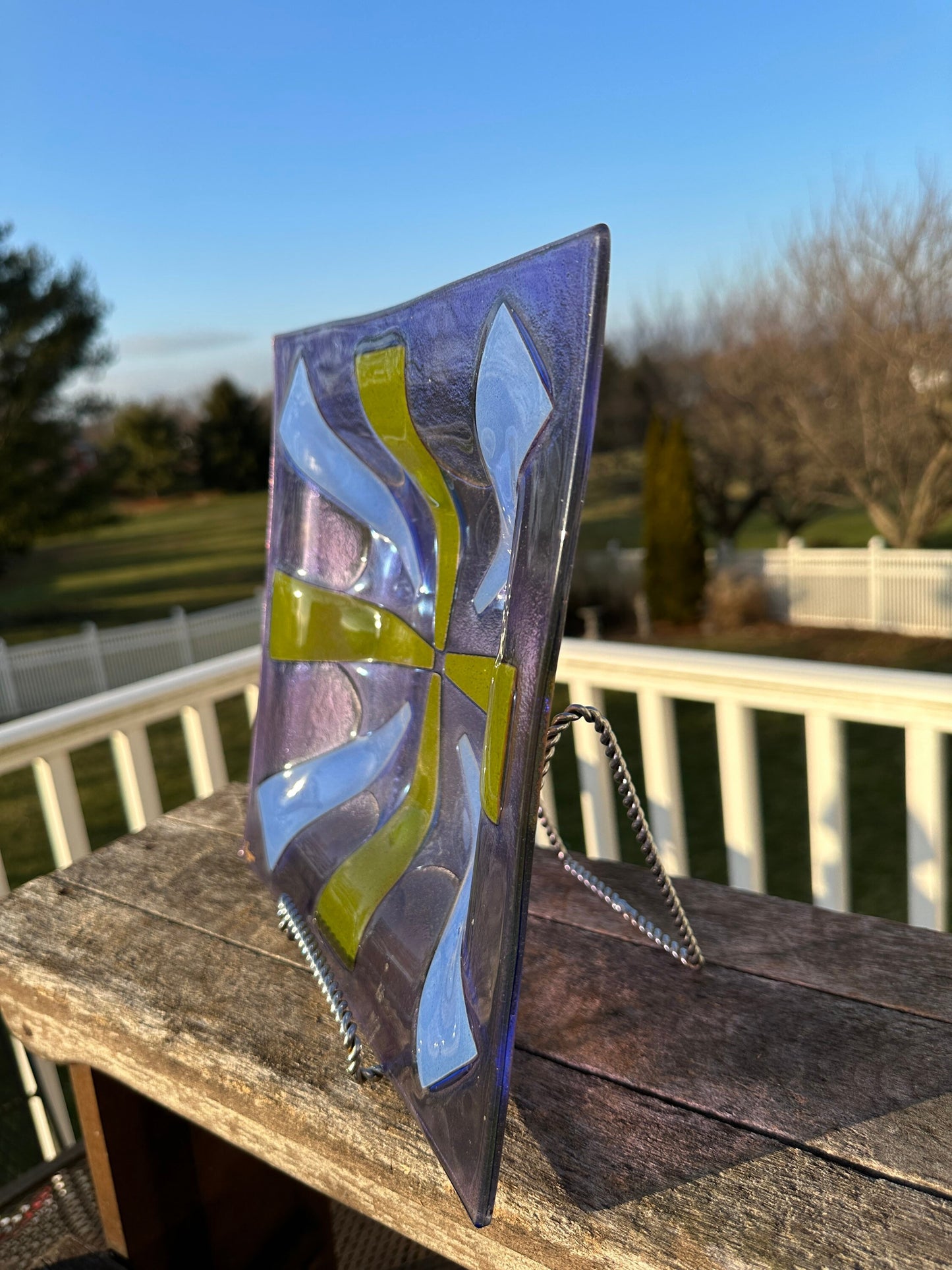 Vintage Higgins Glass Purple Green Blue Sunburst Mid Century Modern Rectangle Fused Art Glass Plate Dish Tray