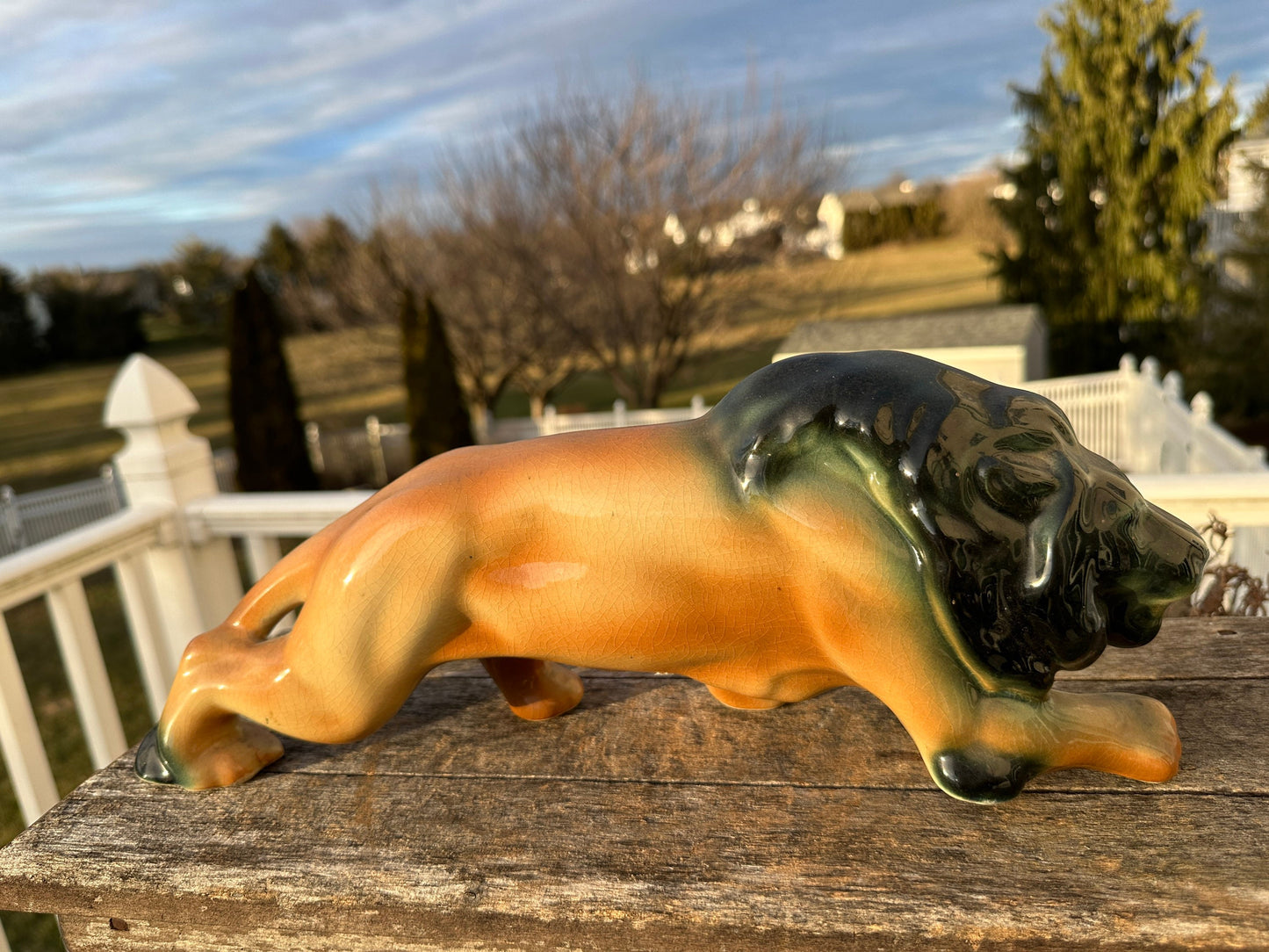 Vintage Lion Statue, Mid Century Stalking Lion Figure, Broun and Gold Glazed MCM Crouching Lion