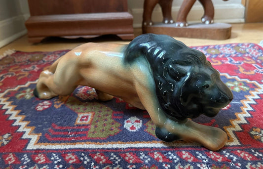 Vintage Lion Statue, Mid Century Stalking Lion Figure, Broun and Gold Glazed MCM Crouching Lion