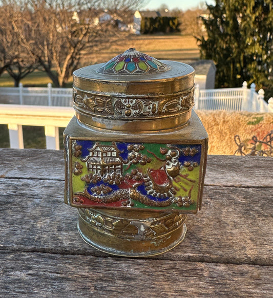 Vintage early art deco era enamel on etched brass cylindrical canister / caddy / trinket box