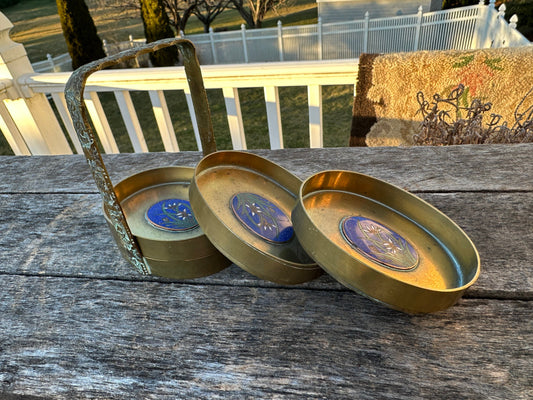 Vintage Brass Cloisonne Ashtrays in Ornate Brass Caddy