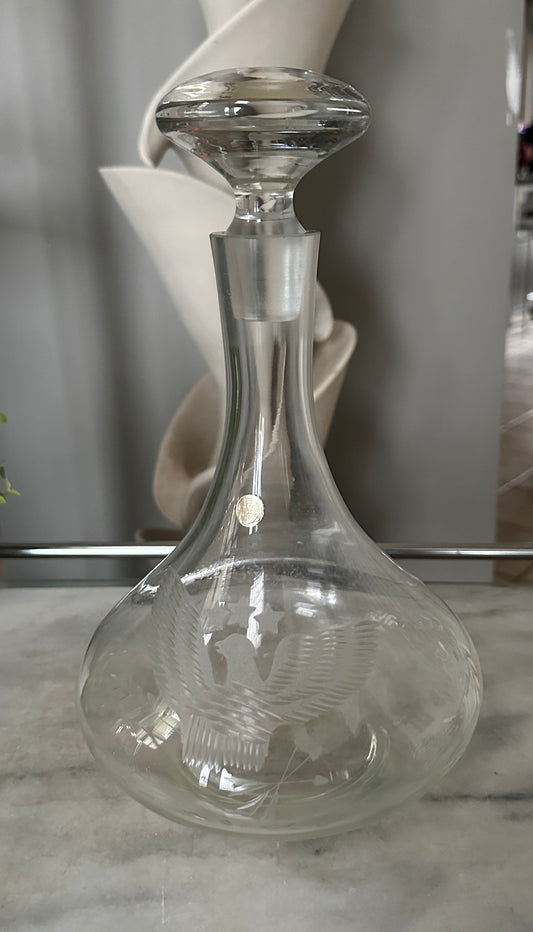 Vintage Glass Decanter with Glass Stopper/Clear Glass Liquor Decanter/ American Eagle Motif Decanter | Made in Romania