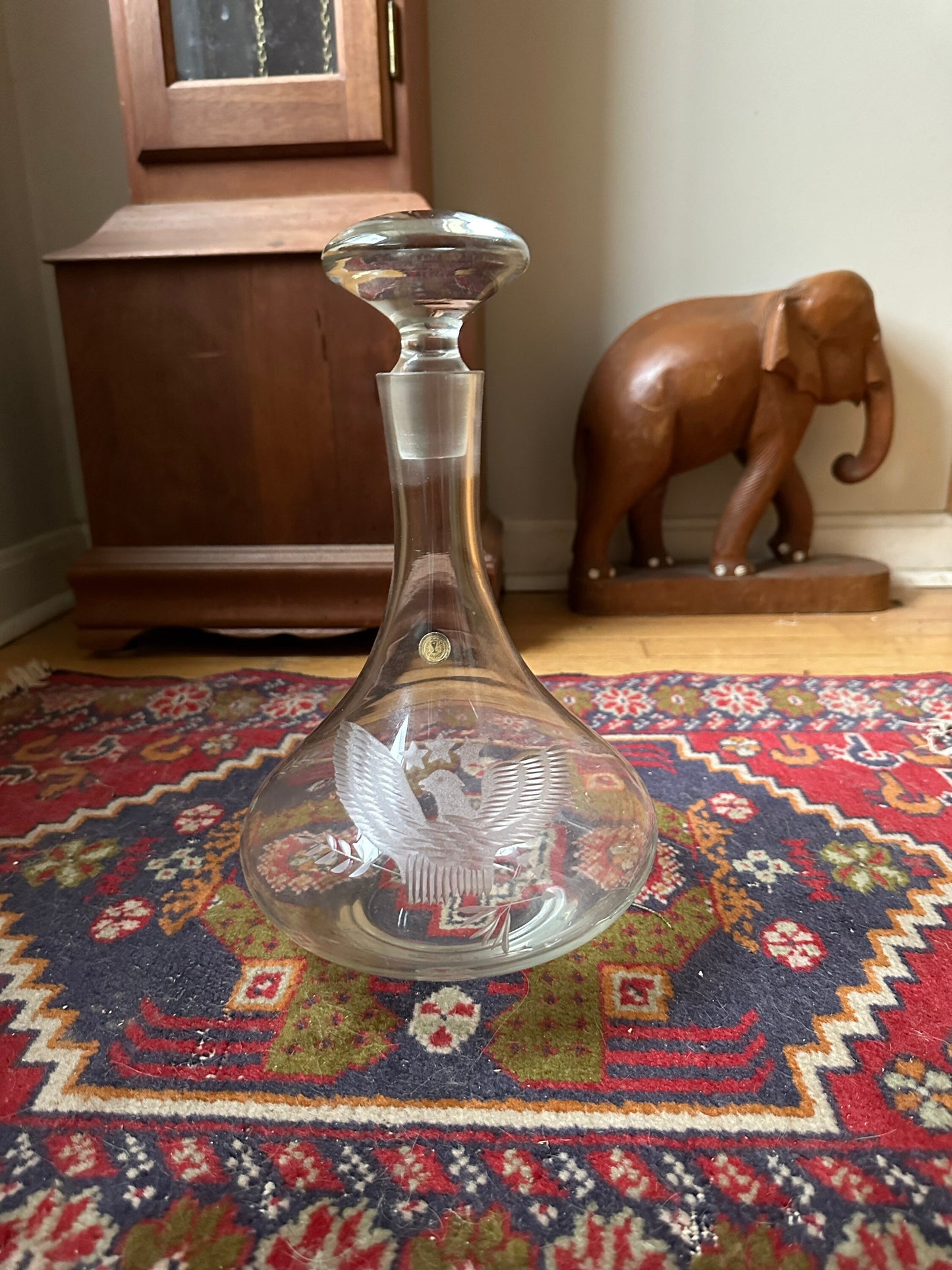 Vintage Glass Decanter with Glass Stopper/Clear Glass Liquor Decanter/ American Eagle Motif Decanter | Made in Romania