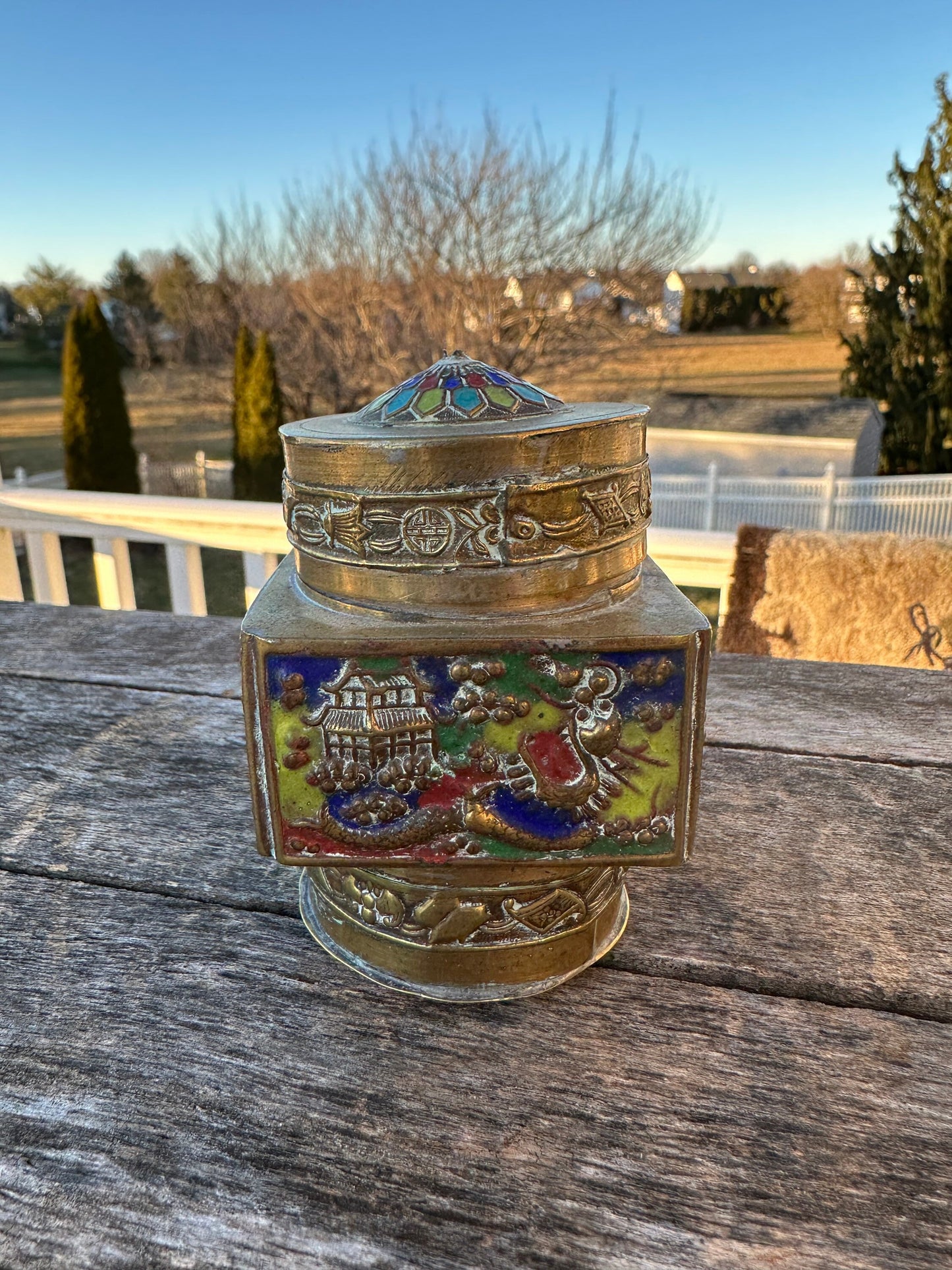 Vintage early art deco era enamel on etched brass cylindrical canister / caddy / trinket box