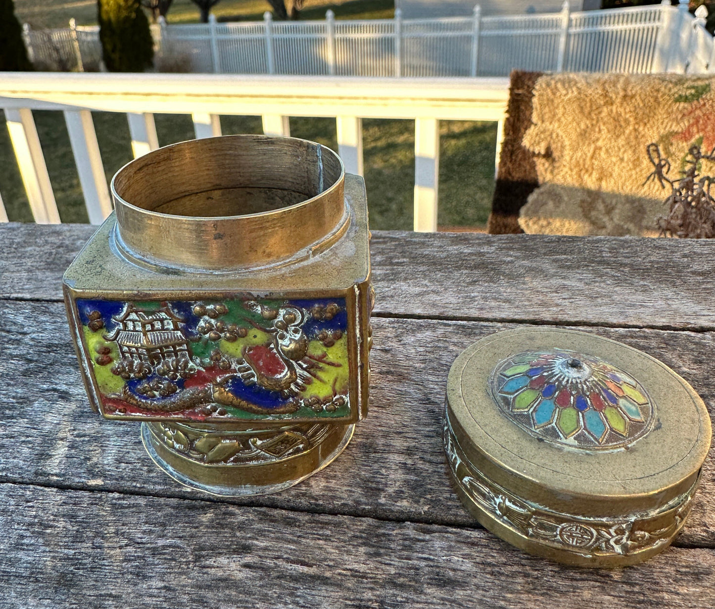 Vintage early art deco era enamel on etched brass cylindrical canister / caddy / trinket box