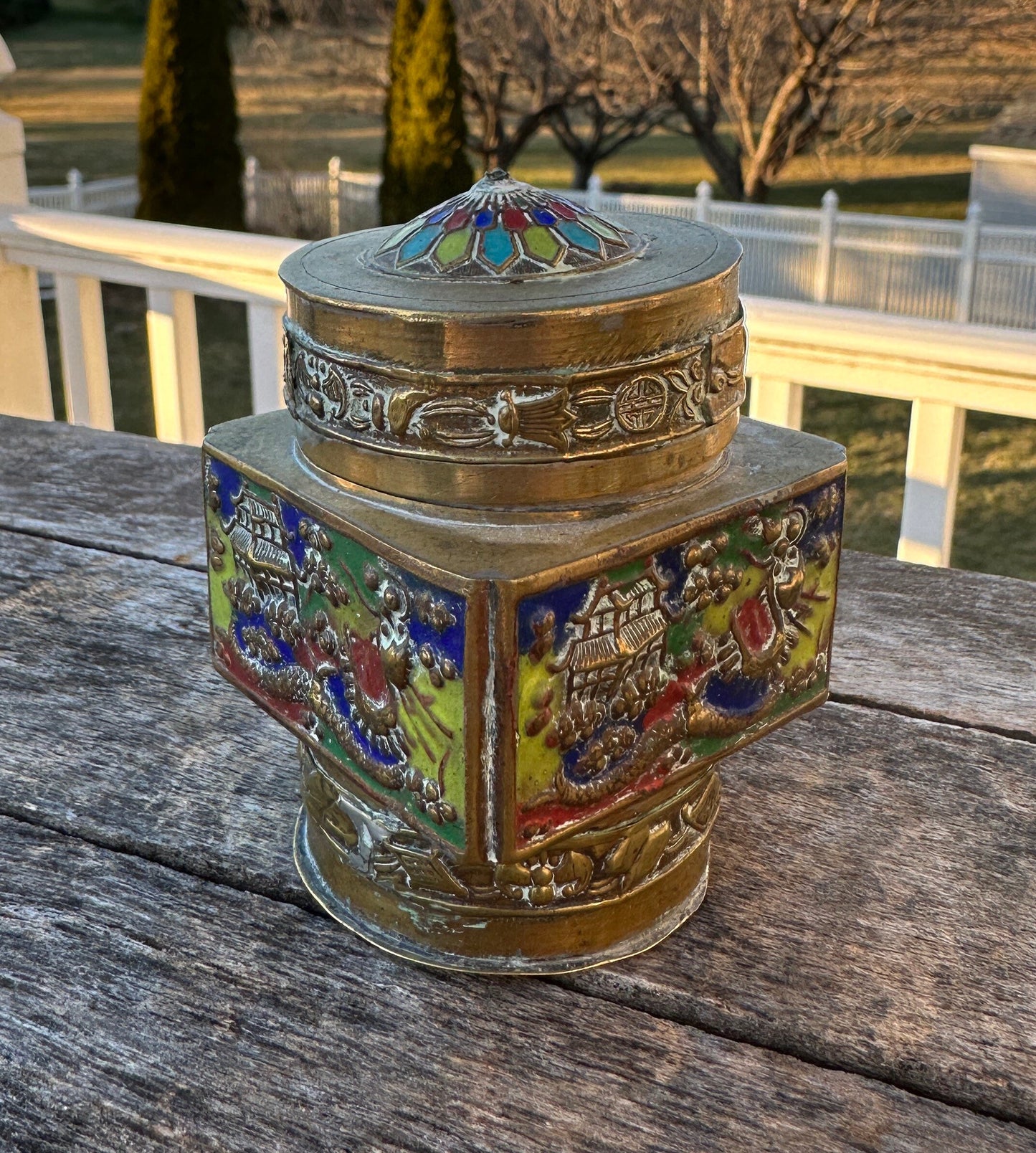 Vintage early art deco era enamel on etched brass cylindrical canister / caddy / trinket box