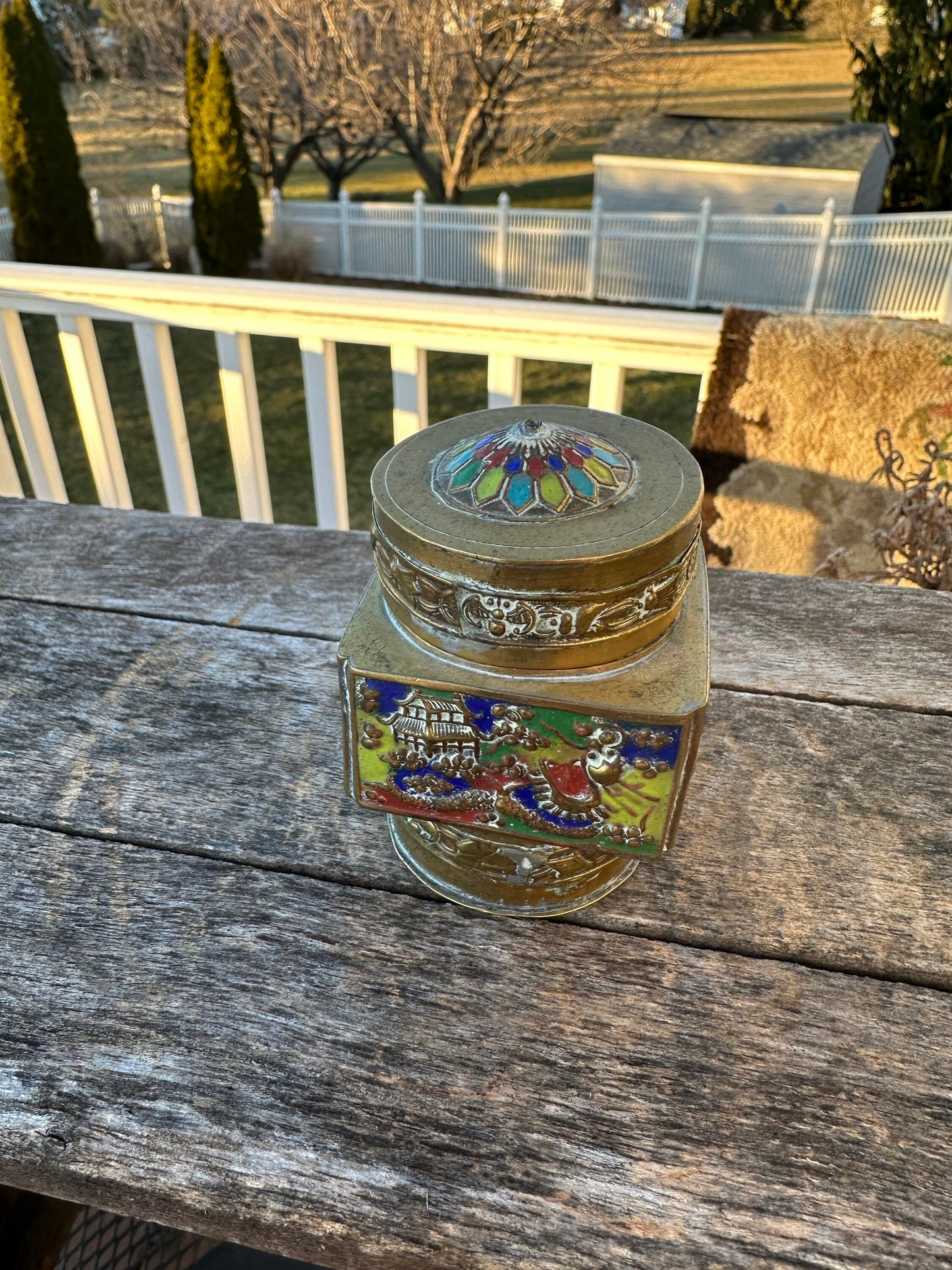 Vintage early art deco era enamel on etched brass cylindrical canister / caddy / trinket box