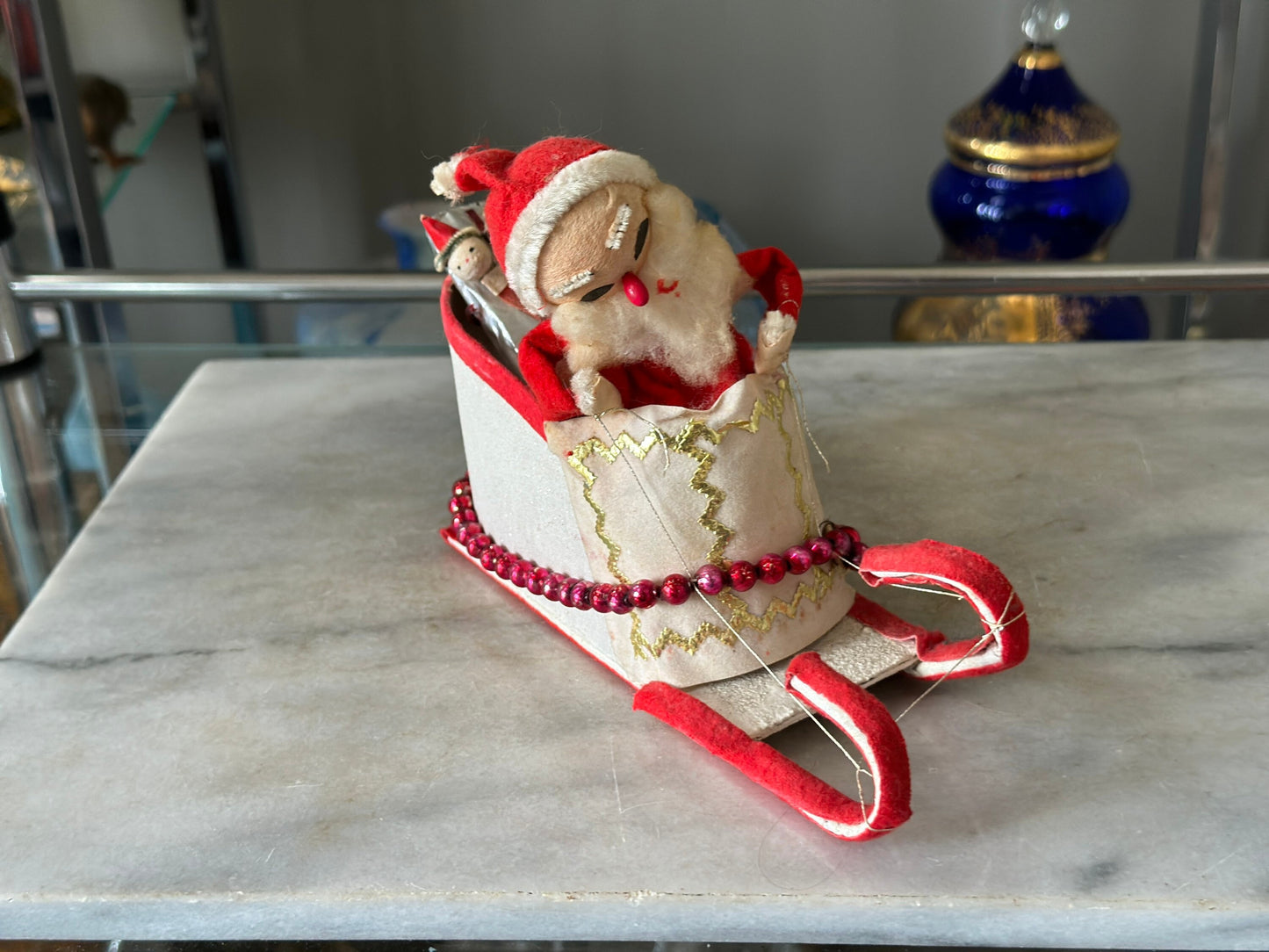 Kitschy Christmas | Vintage Felt and Cardboard Santa on Sleigh with Toys | Made in Japan