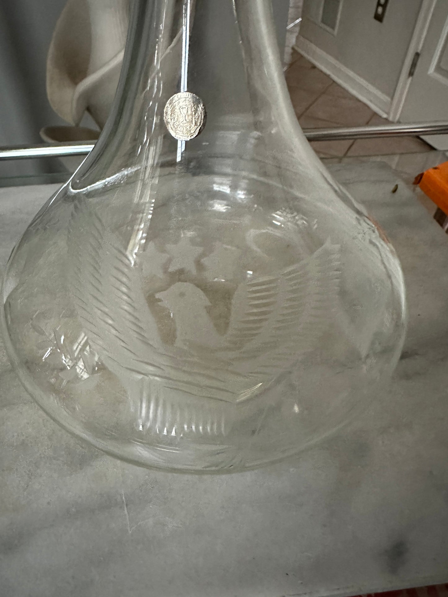 Vintage Glass Decanter with Glass Stopper/Clear Glass Liquor Decanter/ American Eagle Motif Decanter | Made in Romania