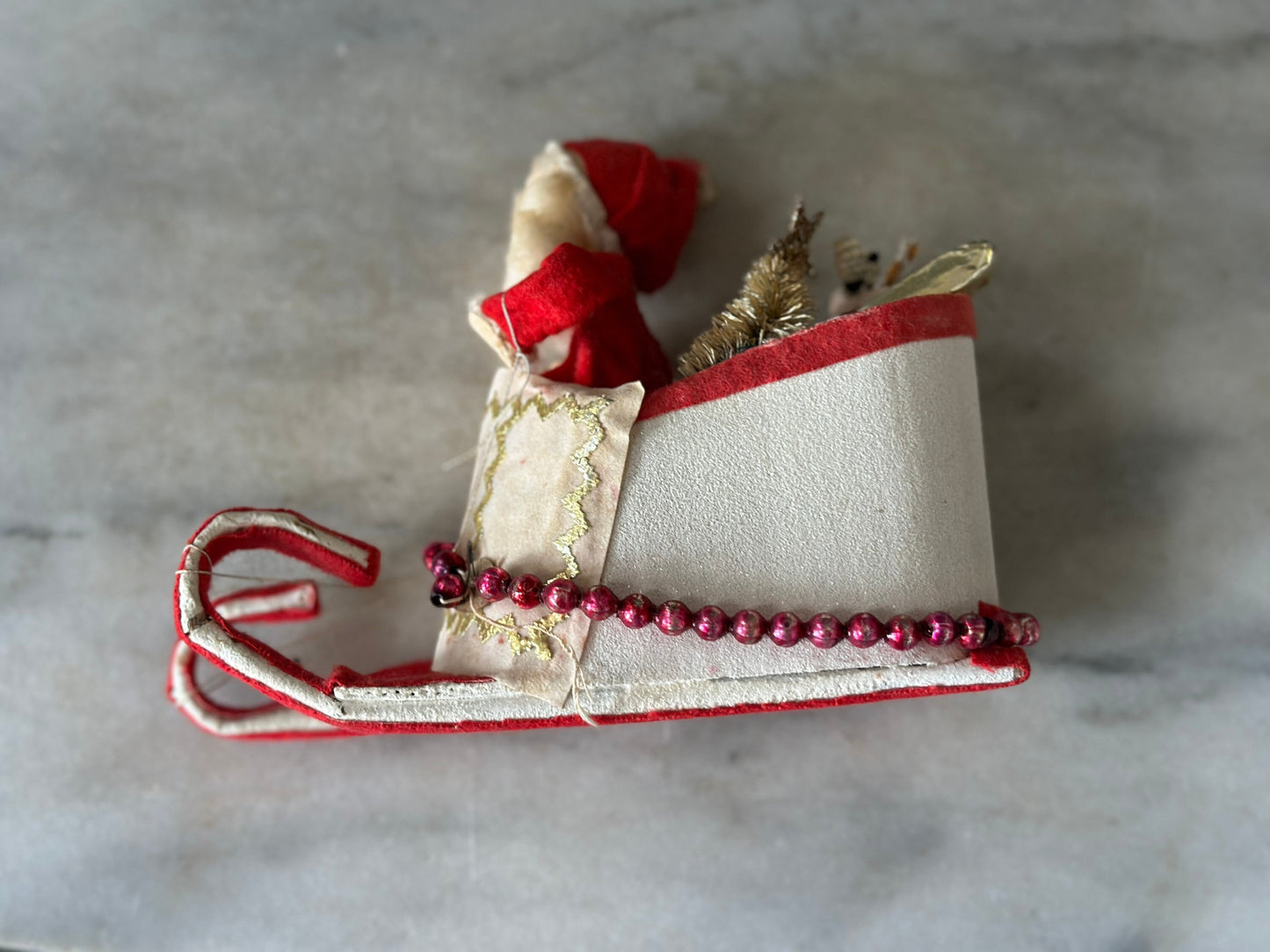 Kitschy Christmas | Vintage Felt and Cardboard Santa on Sleigh with Toys | Made in Japan