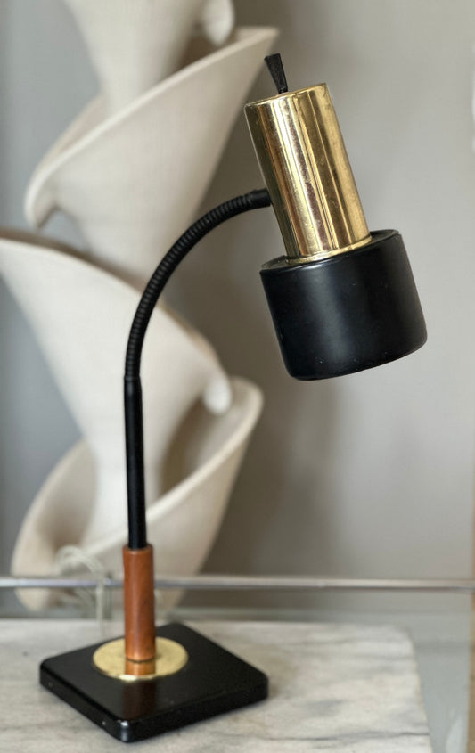 MCM Modern Retro Gooseneck Task Desk | Danish Modern Black Metal and Wood Gooseneck Desk Lamp