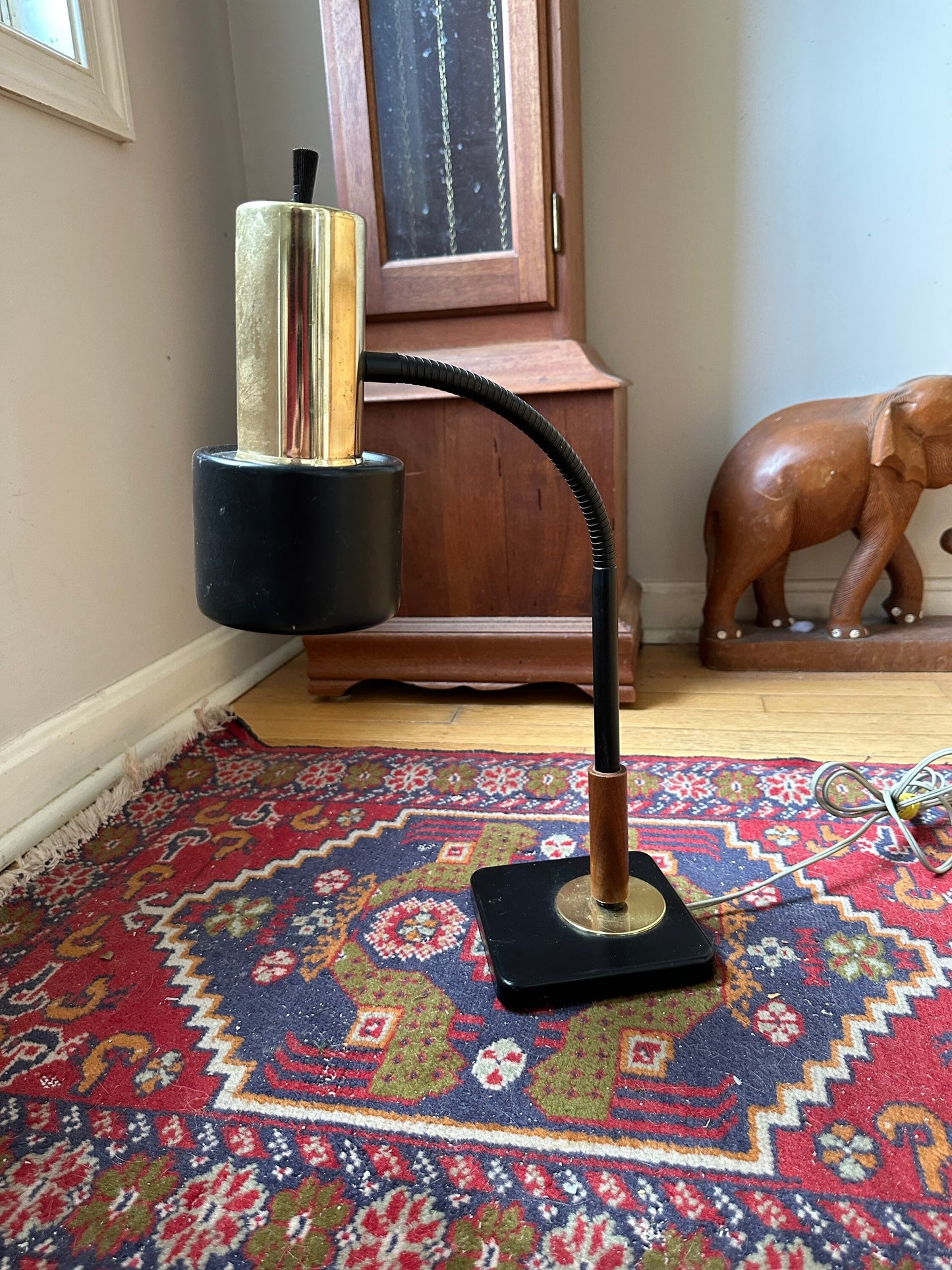 MCM Modern Retro Gooseneck Task Desk | Danish Modern Black Metal and Wood Gooseneck Desk Lamp