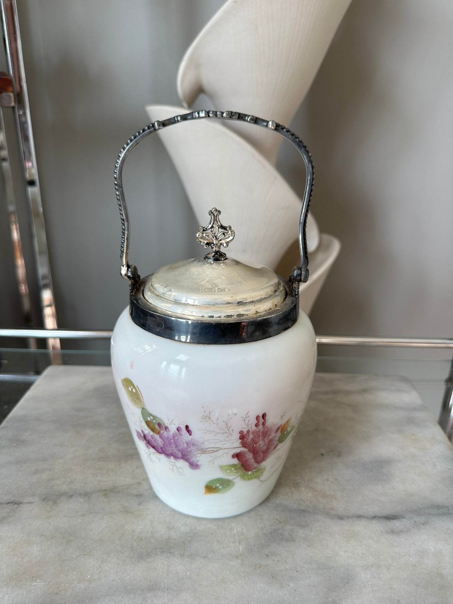 Antique Biscuit Cracker Jar Barrel Van Bergh Silver Plated Handle & Lid Hand Painted