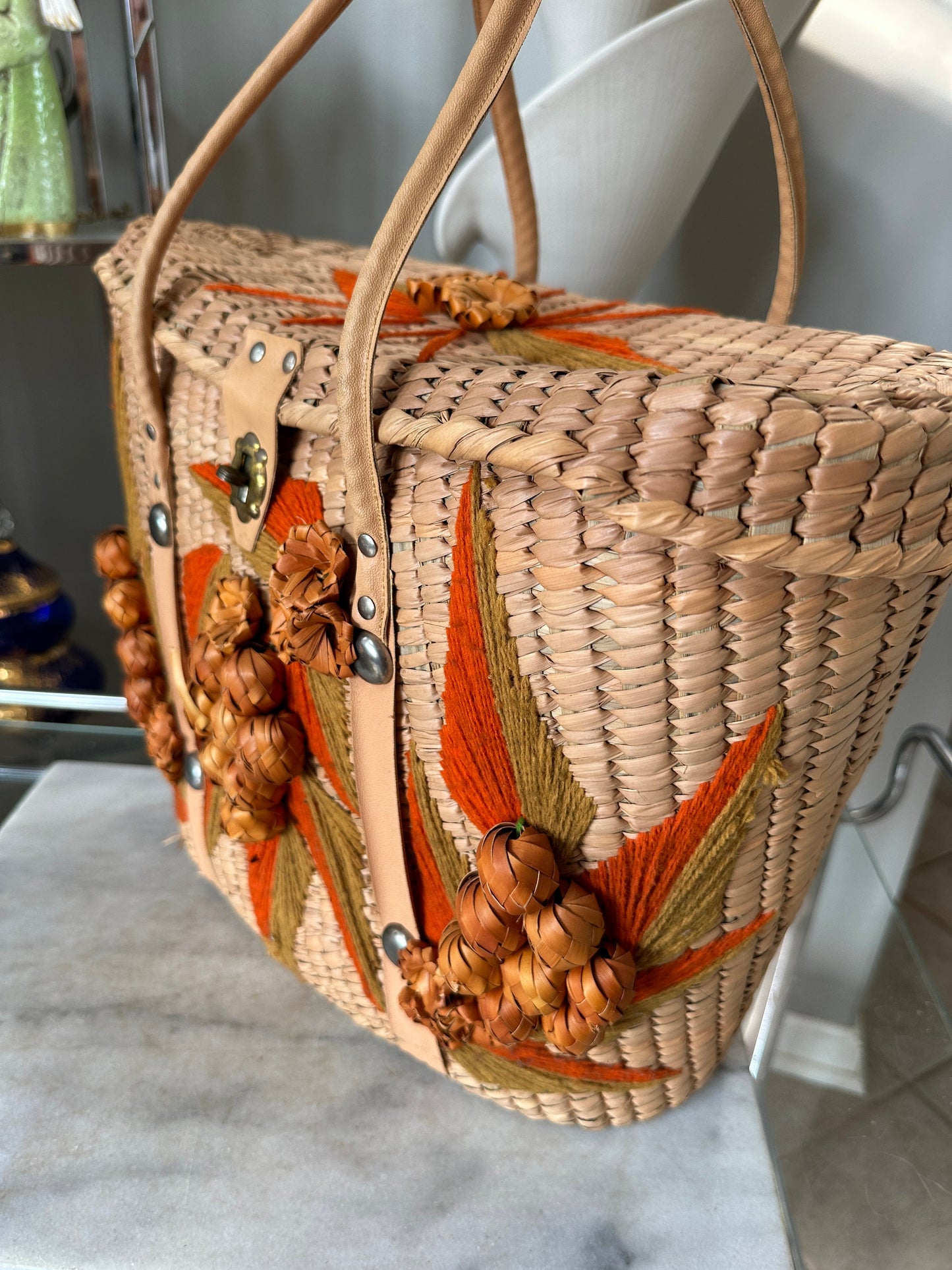 Vintage Acapulco Mexico Straw Bag Woven Grape Embroidered Beach Purse Wicker Raffia Lidded