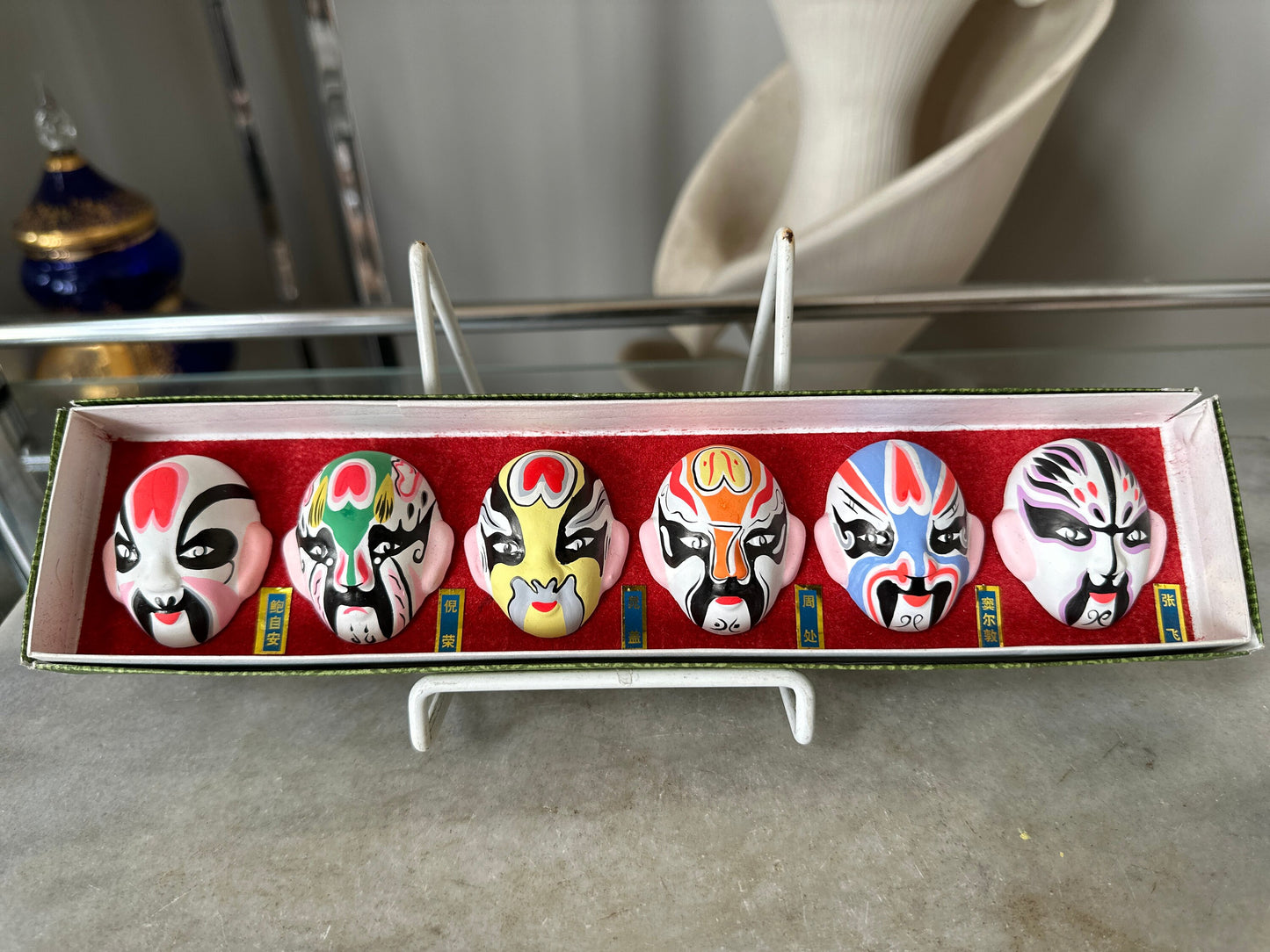 Chinese Opera Masks Miniature Chinese Opera Facial Make Up Masks Red Blue Green White Set of 6 Mini Chinese Opera Masks In Velvet Lined Box