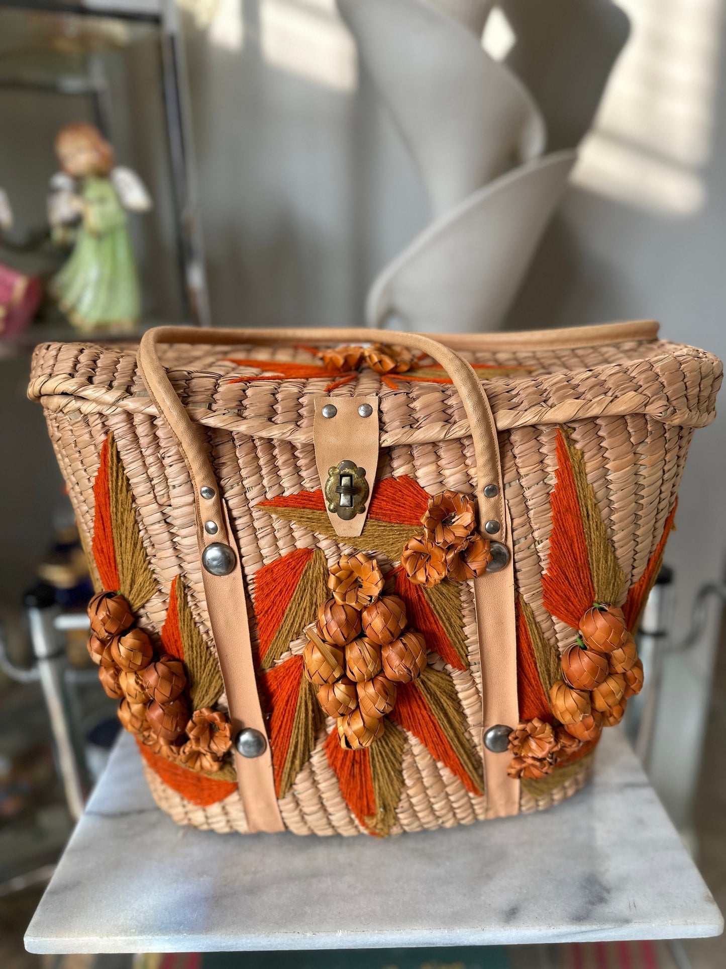 Vintage Acapulco Mexico Straw Bag Woven Grape Embroidered Beach Purse Wicker Raffia Lidded