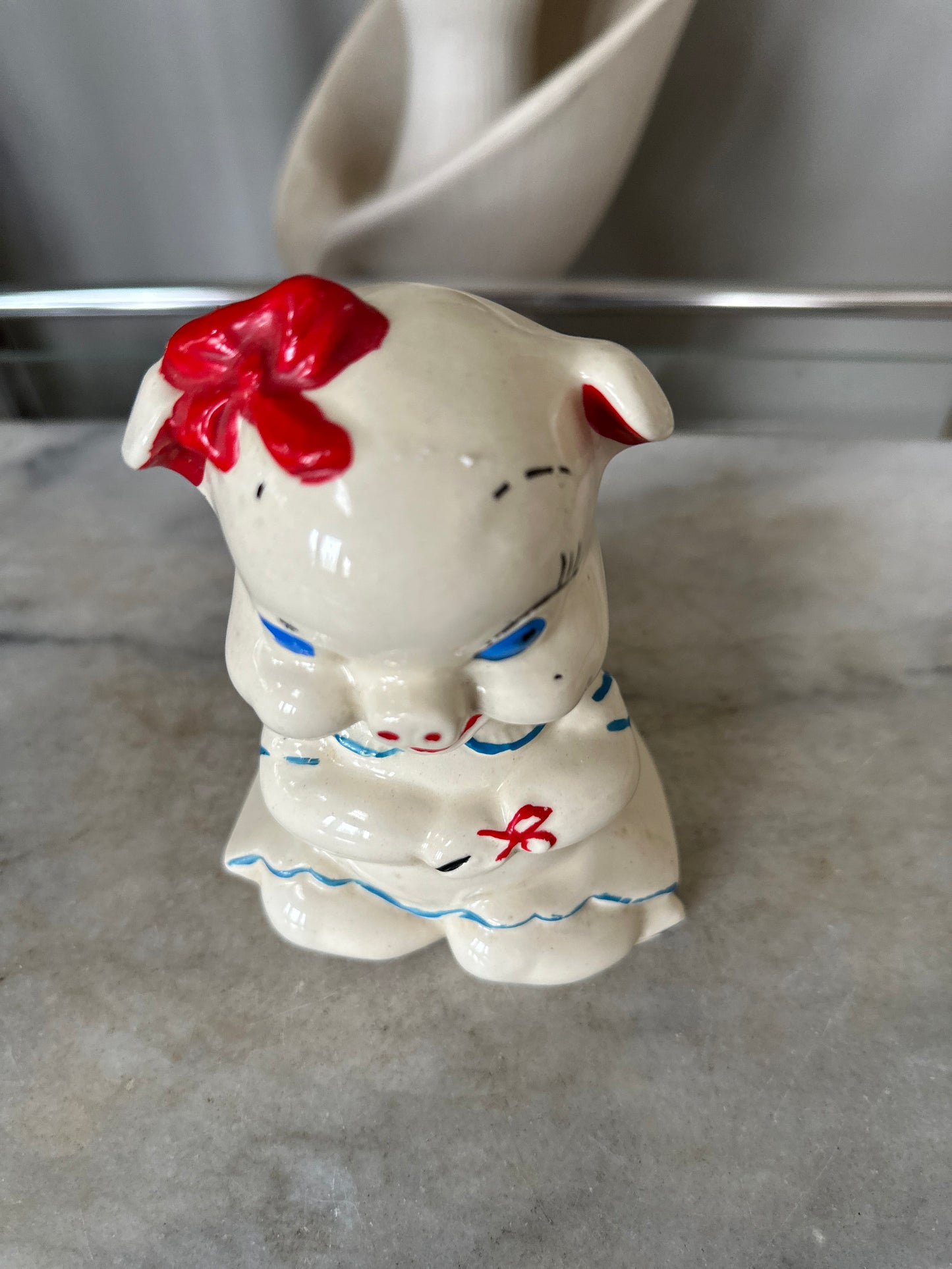 Vintage American Bisque Hand Painted Anthropomorphic Girl Pig Figurine