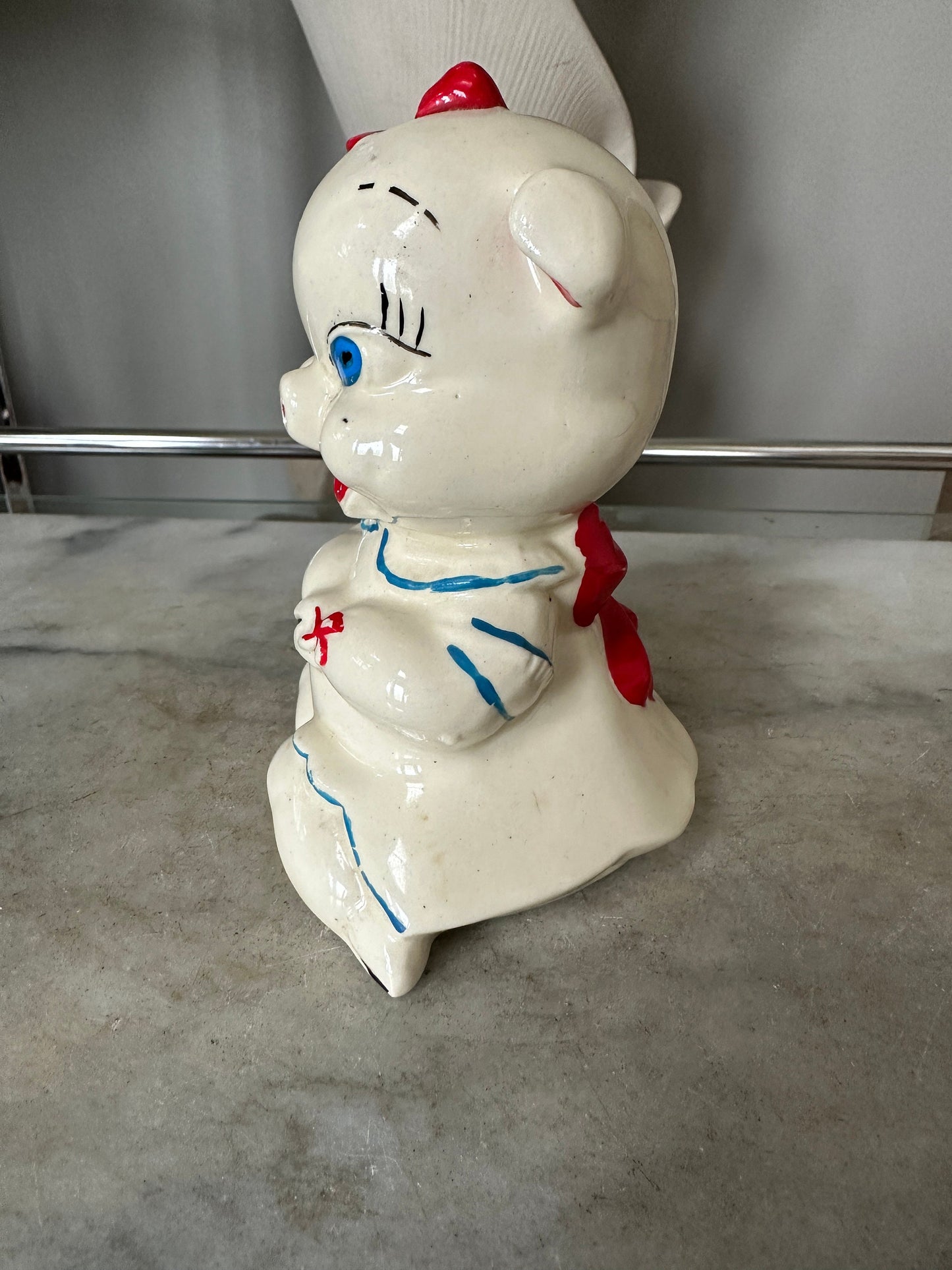 Vintage American Bisque Hand Painted Anthropomorphic Girl Pig Figurine