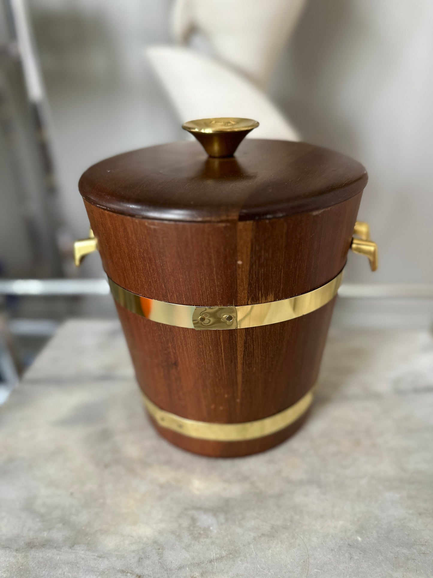 Vintage Wood Ice Bucket | MCM a cartel Style I’ve Bixketbwith Gold Tones Metal Handles