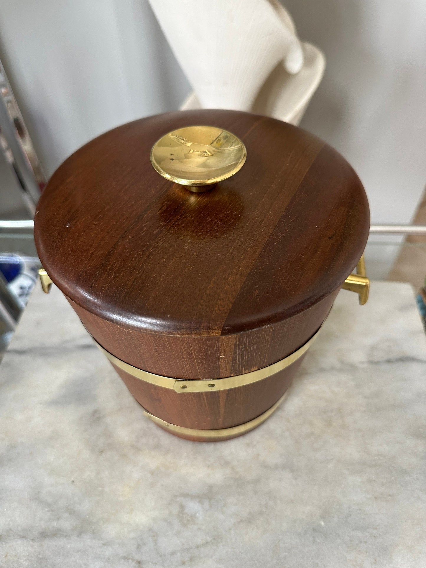 Vintage Wood Ice Bucket | MCM a cartel Style I’ve Bixketbwith Gold Tones Metal Handles