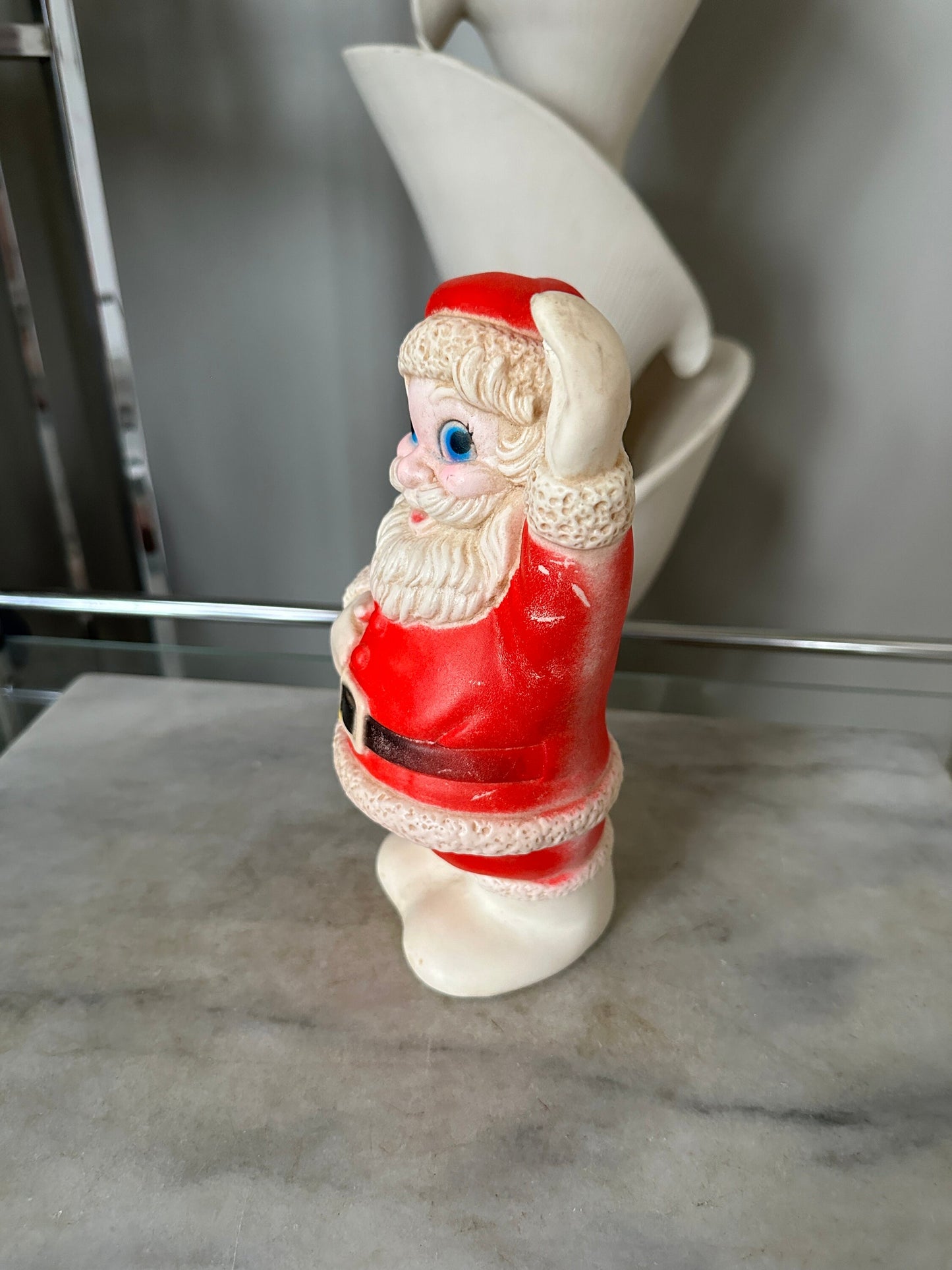 Kitschy Vintage Santa Claus, Jolly Rubber Santa, White  Mittens, White Boots, Black Belt, Big Black Eyes, Waving Hand, Sanitoy Inc.