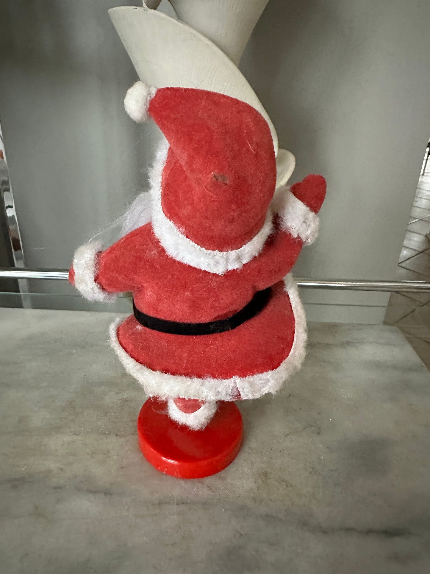 Vintage MCM 9” Flocked Santa Dancing on One Leg | Vintage Felt Santa Claus Standing Dancing on Red  Base  Christmas Decor