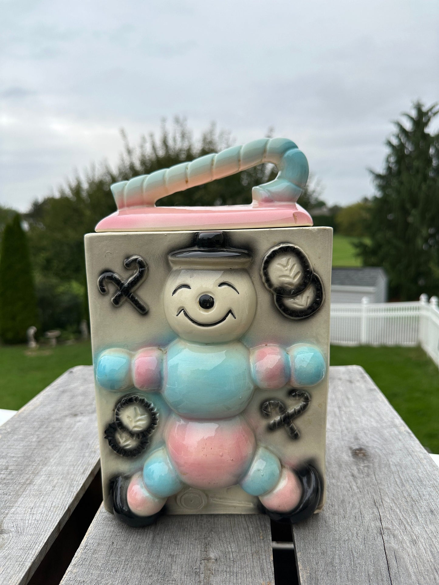 Vintage American Bisque Ugemach Candy Cane Baby Cookie Jar Blue Pink Gray Black