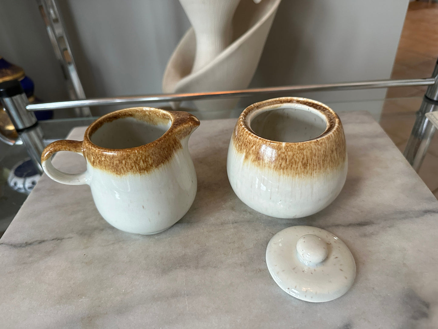 Vintage McCoy Sugar Bowl and Creamer 7020 in a Gray/Brown Drip Glaze