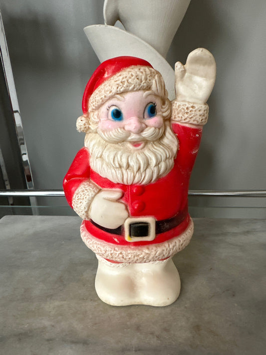 Kitschy Vintage Santa Claus, Jolly Rubber Santa, White  Mittens, White Boots, Black Belt, Big Black Eyes, Waving Hand, Sanitoy Inc.