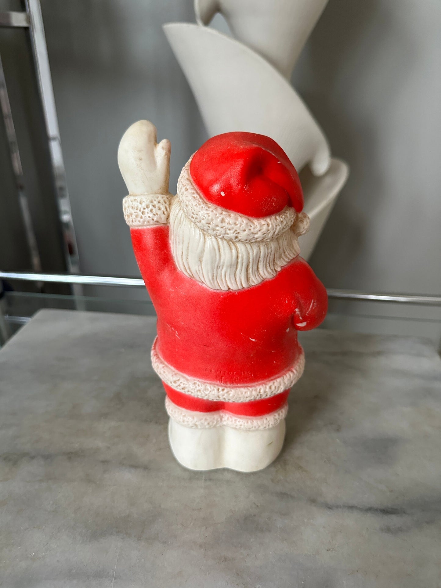 Kitschy Vintage Santa Claus, Jolly Rubber Santa, White  Mittens, White Boots, Black Belt, Big Black Eyes, Waving Hand, Sanitoy Inc.