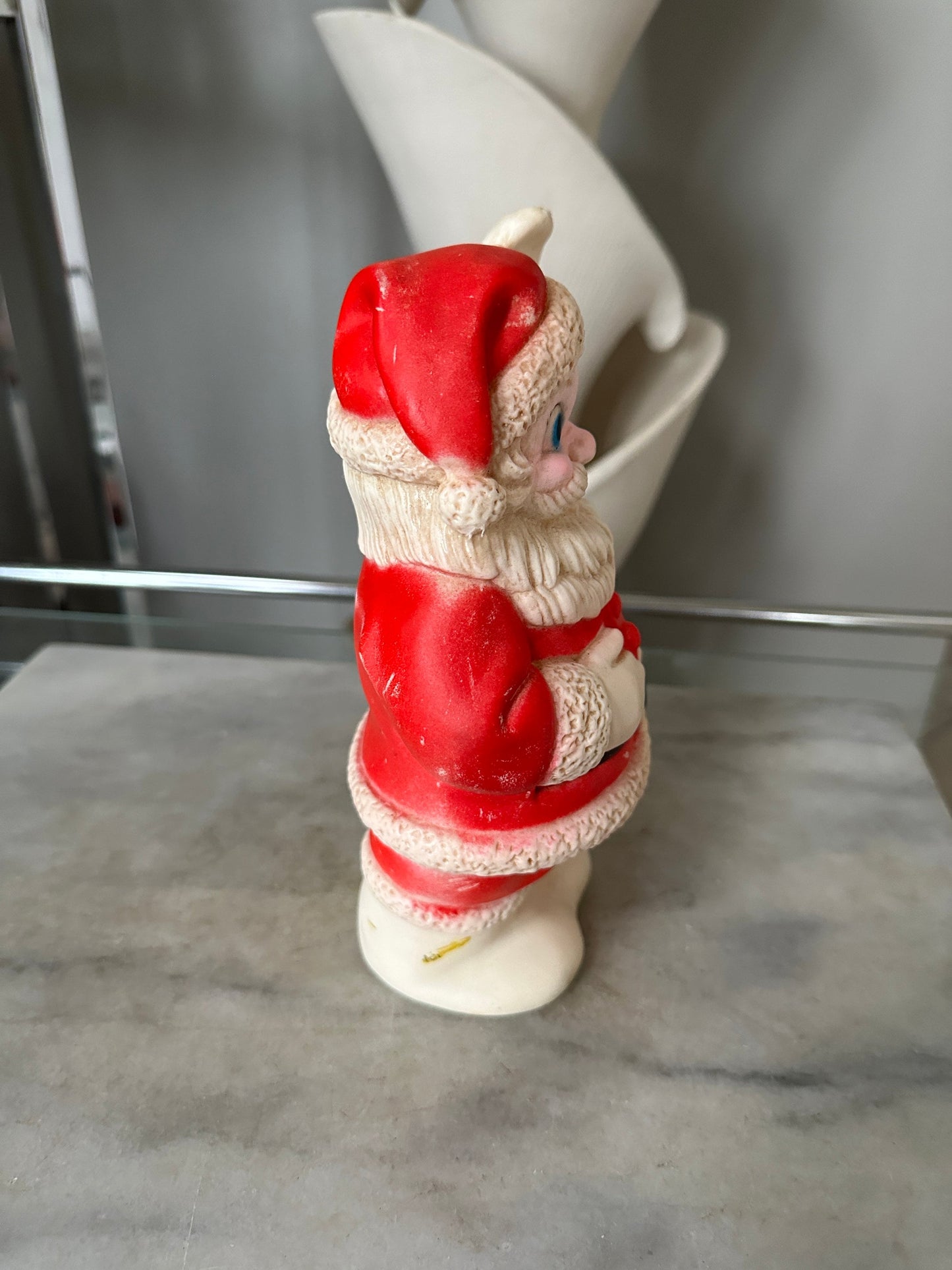 Kitschy Vintage Santa Claus, Jolly Rubber Santa, White  Mittens, White Boots, Black Belt, Big Black Eyes, Waving Hand, Sanitoy Inc.