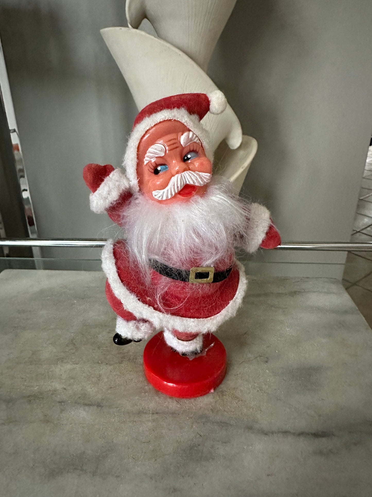 Vintage MCM 9” Flocked Santa Dancing on One Leg | Vintage Felt Santa Claus Standing Dancing on Red  Base  Christmas Decor