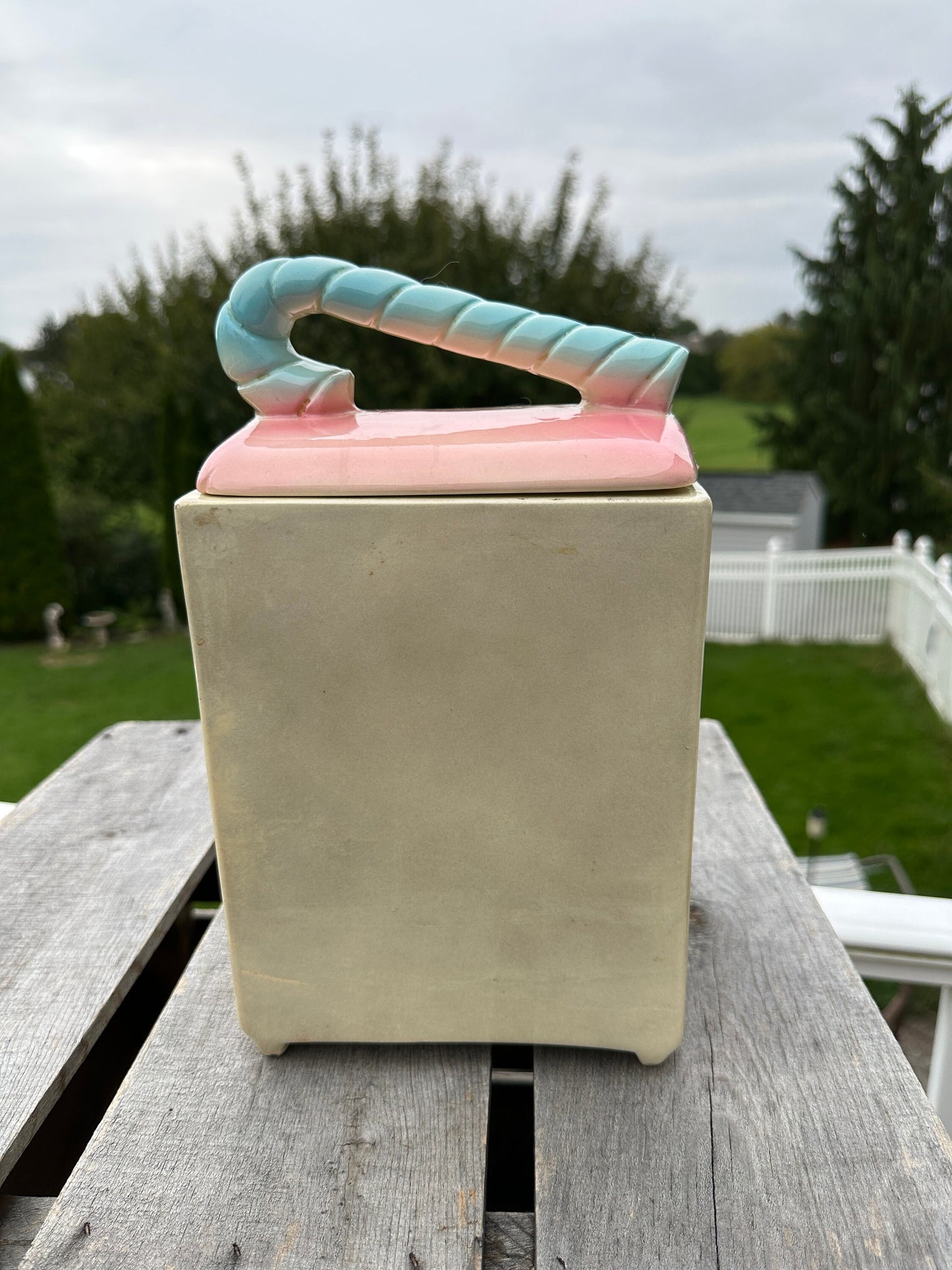 Vintage American Bisque Ugemach Candy Cane Baby Cookie Jar Blue Pink Gray Black