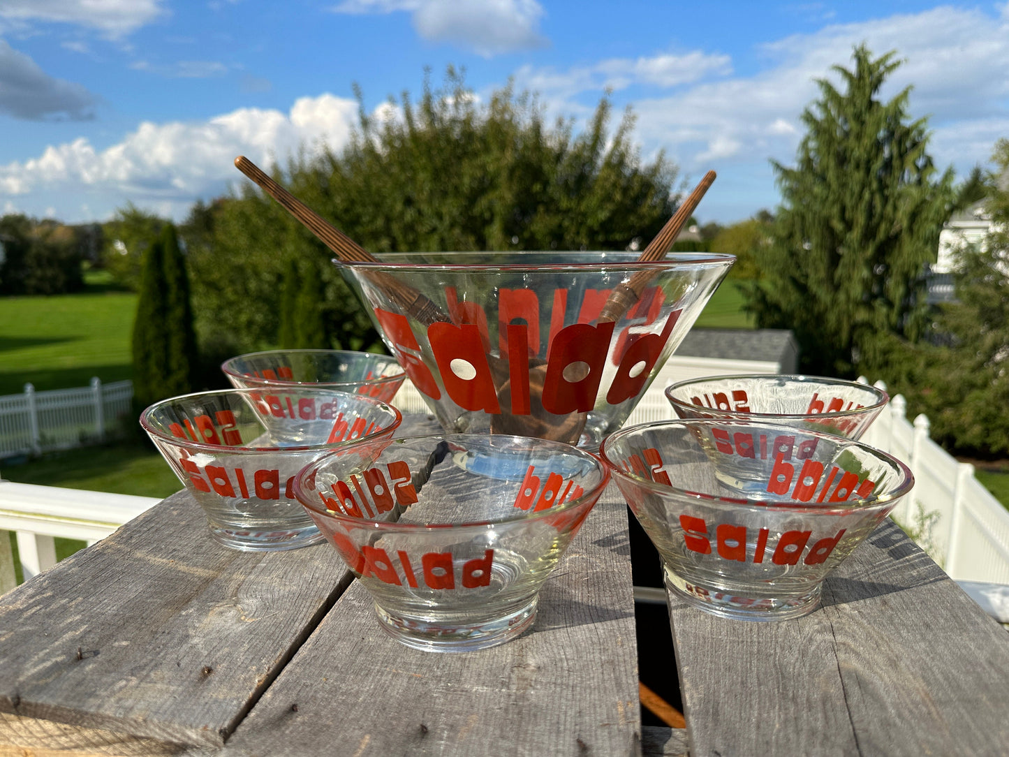 Vintage MCM Glass Salad Bowl 7 Piece Set POP ART Wheaton Glass 1970s Midcentury