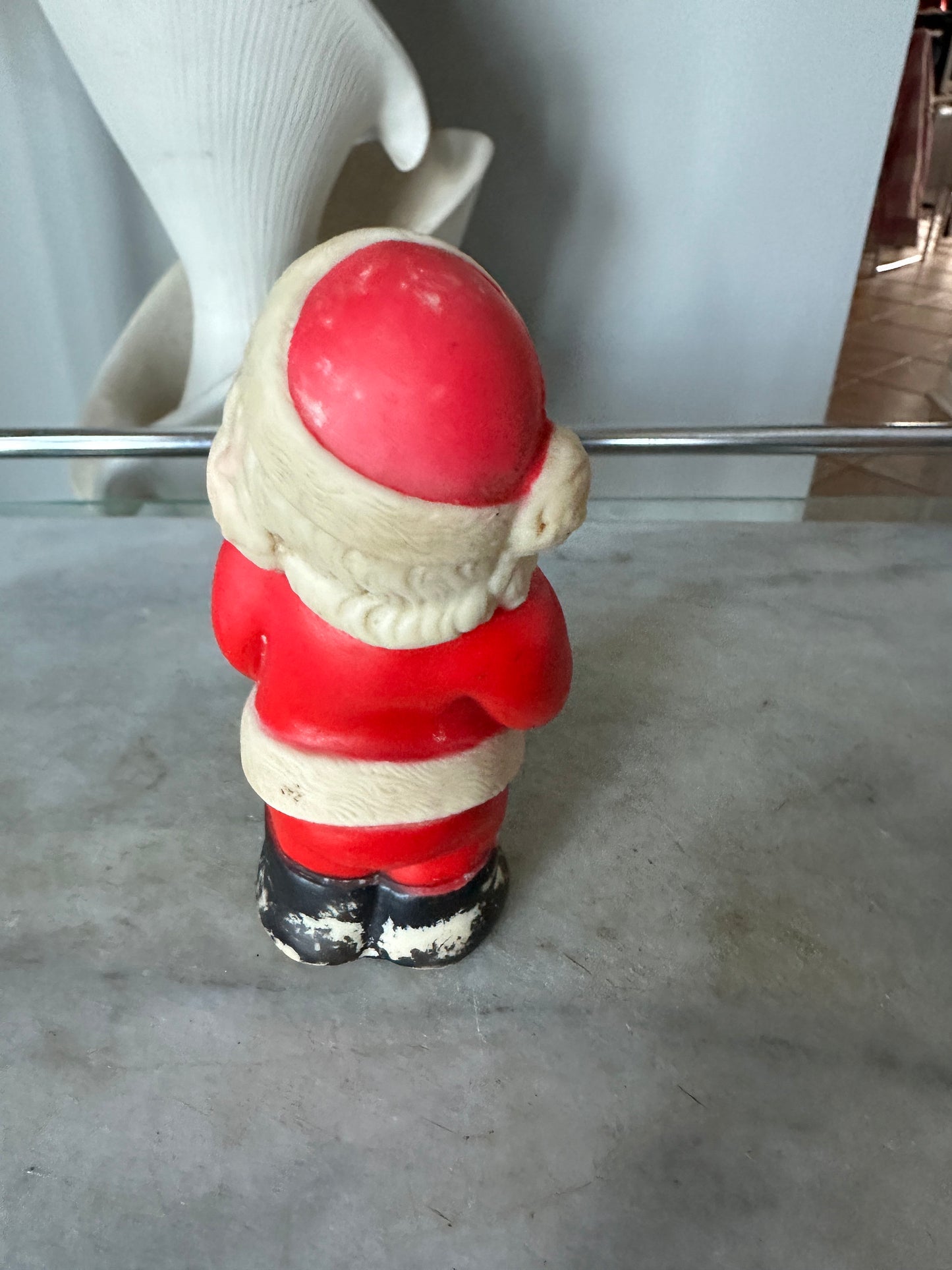 Kitschy Vintage Santa Claus, Jolly Squeeking  Santa, White  Mittens, Black Boots, Big Blue  Eyes, Holding Belly, Made in Hong Kong