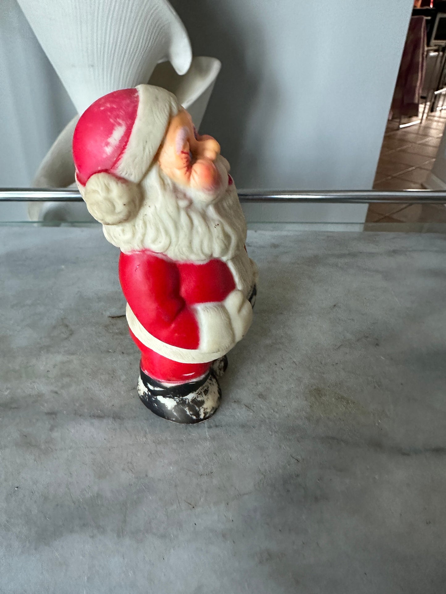 Kitschy Vintage Santa Claus, Jolly Squeeking  Santa, White  Mittens, Black Boots, Big Blue  Eyes, Holding Belly, Made in Hong Kong