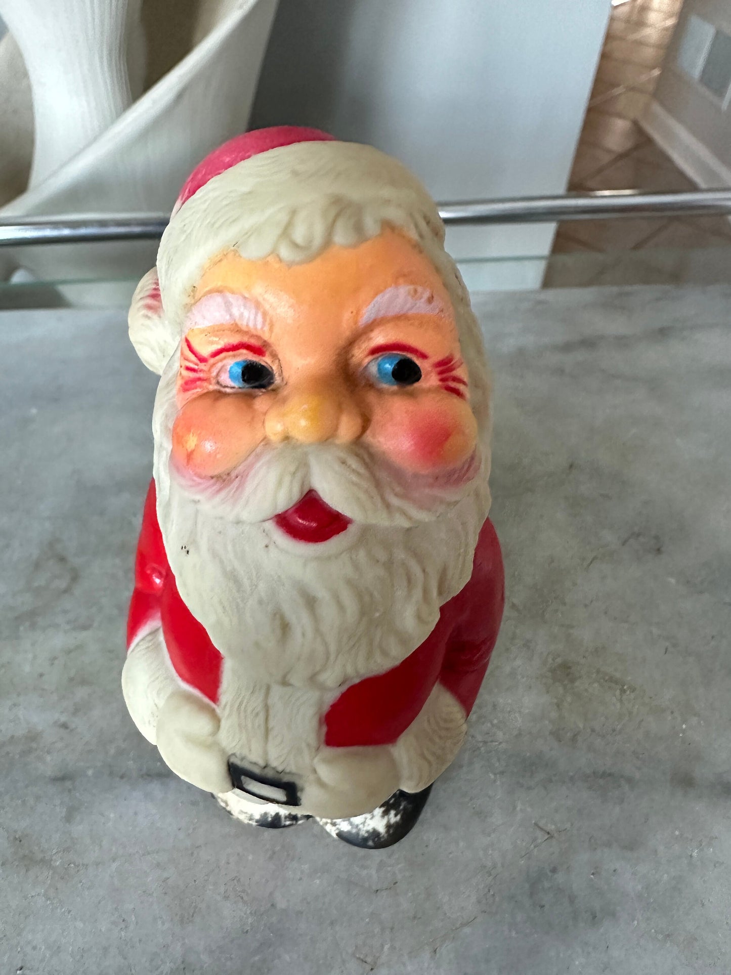 Kitschy Vintage Santa Claus, Jolly Squeeking  Santa, White  Mittens, Black Boots, Big Blue  Eyes, Holding Belly, Made in Hong Kong