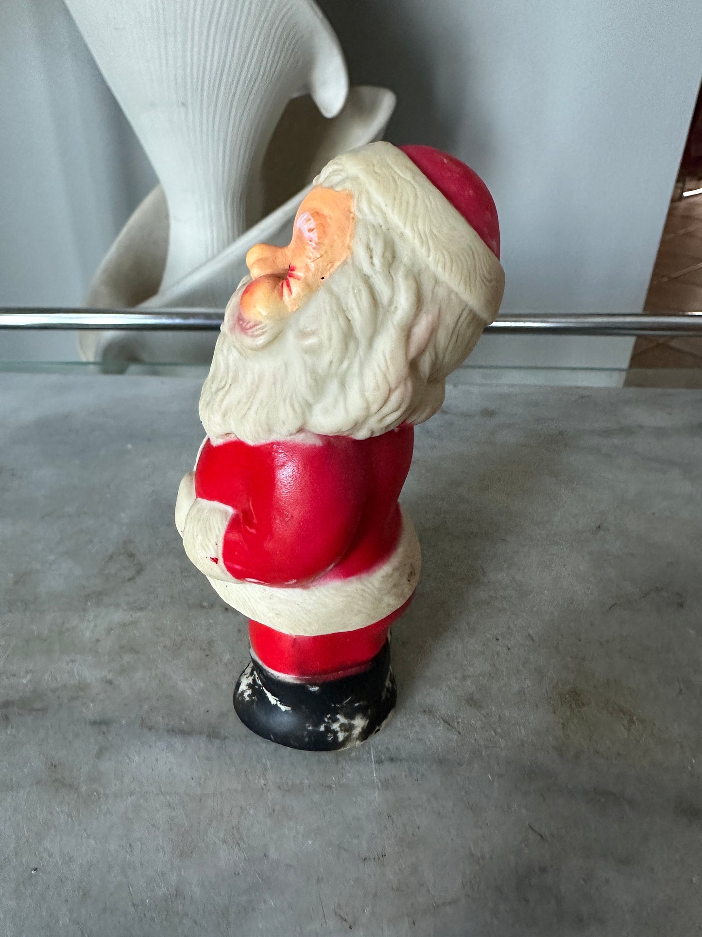 Kitschy Vintage Santa Claus, Jolly Squeeking  Santa, White  Mittens, Black Boots, Big Blue  Eyes, Holding Belly, Made in Hong Kong