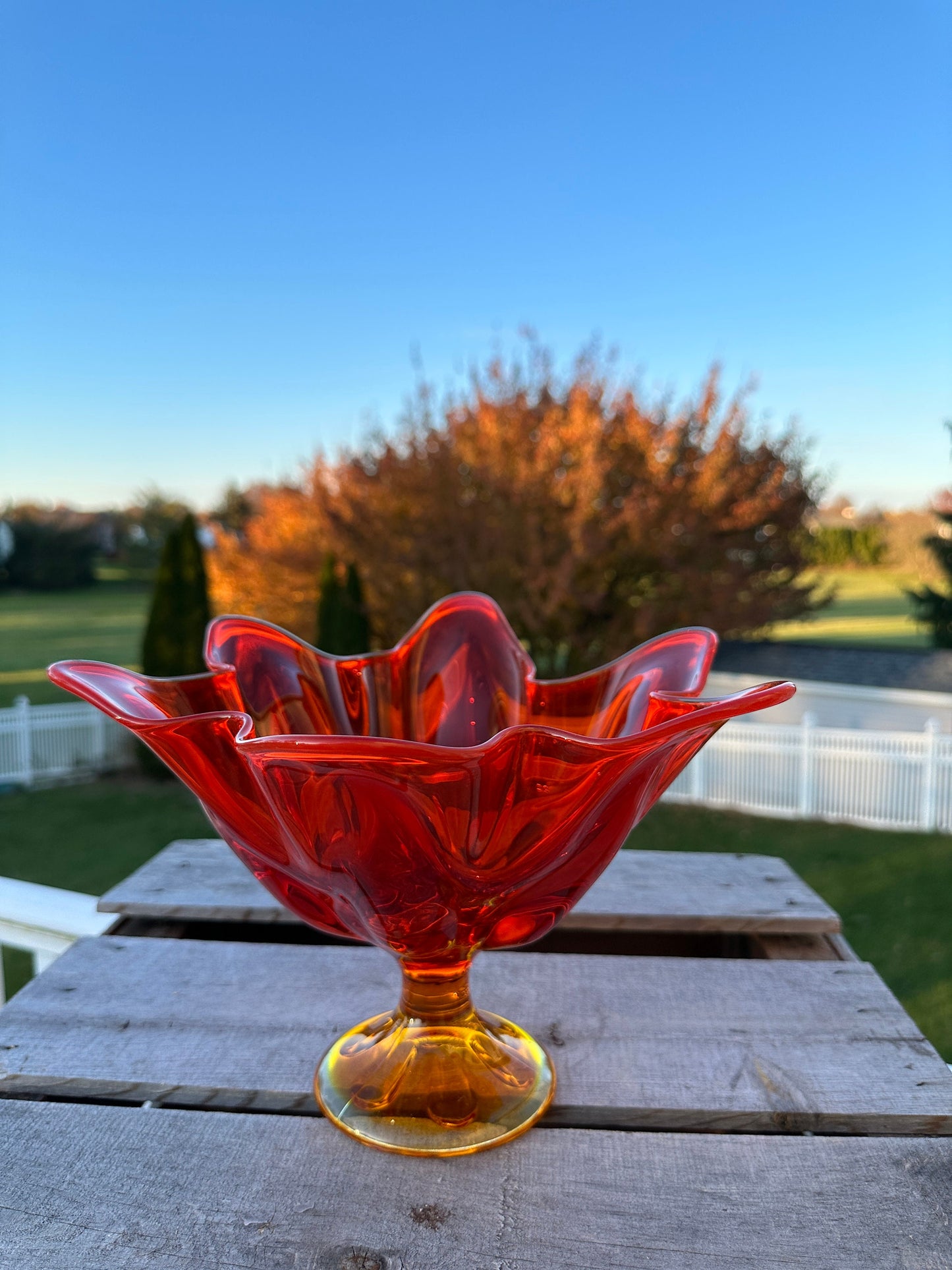 Vintage ~ Viking Glass ~ LARGE Epic 6 Petal Footed Bowl ~ #6815 ~ Persimmon Orange ~ Swung, Handkerchief ~ circa 1968 ~ Handkerchief Vase