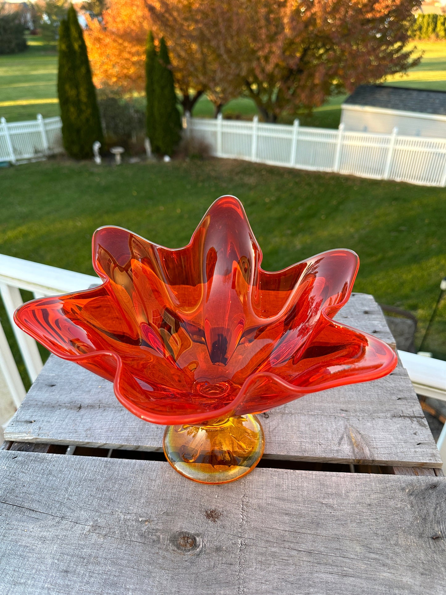 Vintage ~ Viking Glass ~ LARGE Epic 6 Petal Footed Bowl ~ #6815 ~ Persimmon Orange ~ Swung, Handkerchief ~ circa 1968 ~ Handkerchief Vase