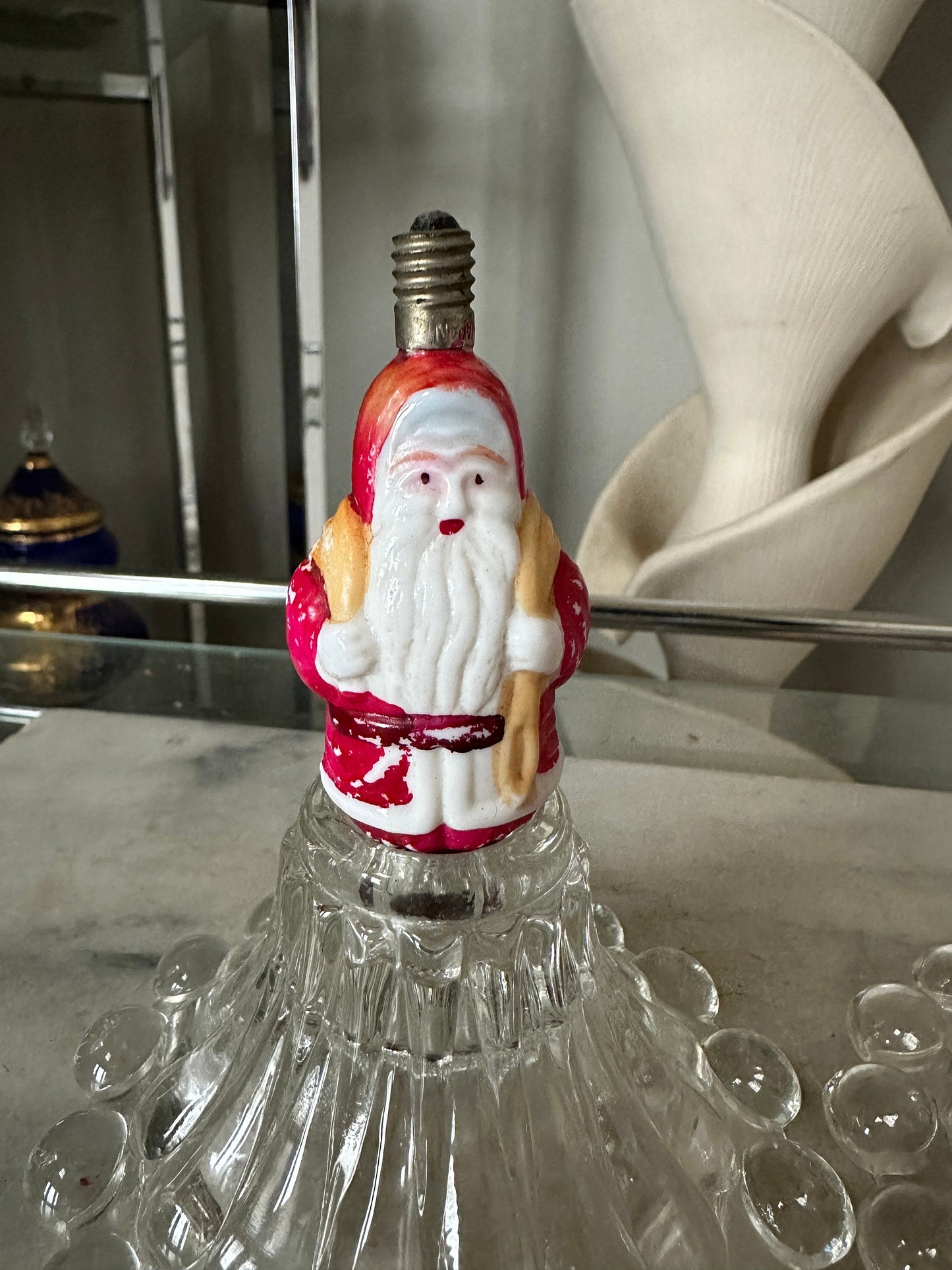 1930s Santa Claus 15V Milk Glass Christmas Light Bulb and Antique Santa Milk Glass Christmas Bell Light Bulb | Untested
