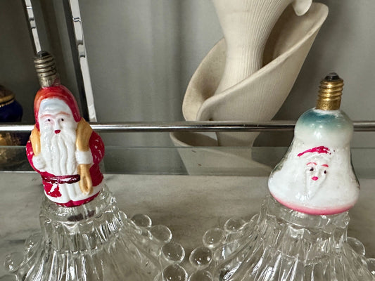 1930s Santa Claus 15V Milk Glass Christmas Light Bulb and Antique Santa Milk Glass Christmas Bell Light Bulb | Untested