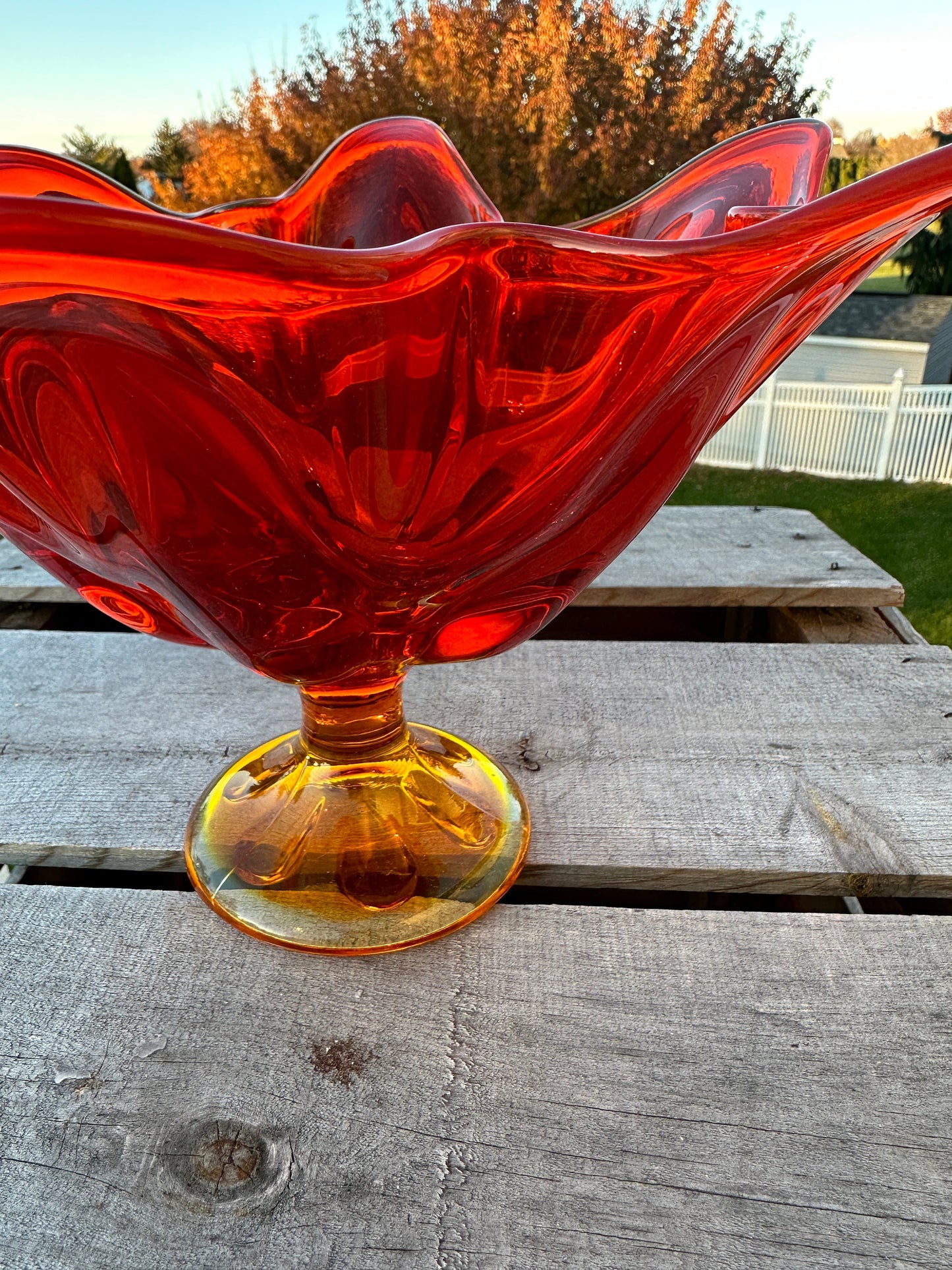 Vintage ~ Viking Glass ~ LARGE Epic 6 Petal Footed Bowl ~ #6815 ~ Persimmon Orange ~ Swung, Handkerchief ~ circa 1968 ~ Handkerchief Vase