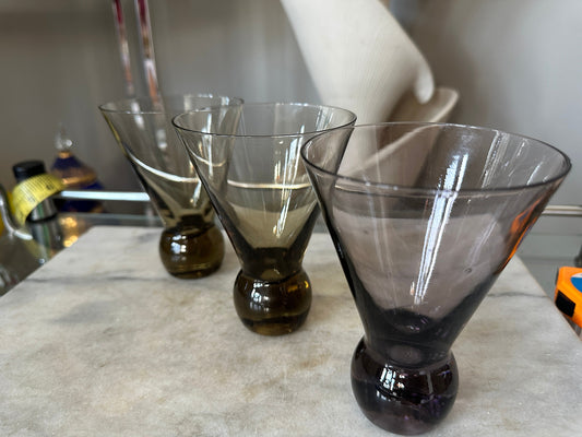 Vtg Heavy Ball Base Stemless Cosmo Cocktail Glasses 10” 5 3/8” Barware | Set of 3 Smokey Amber MCM Cocktail Glasses