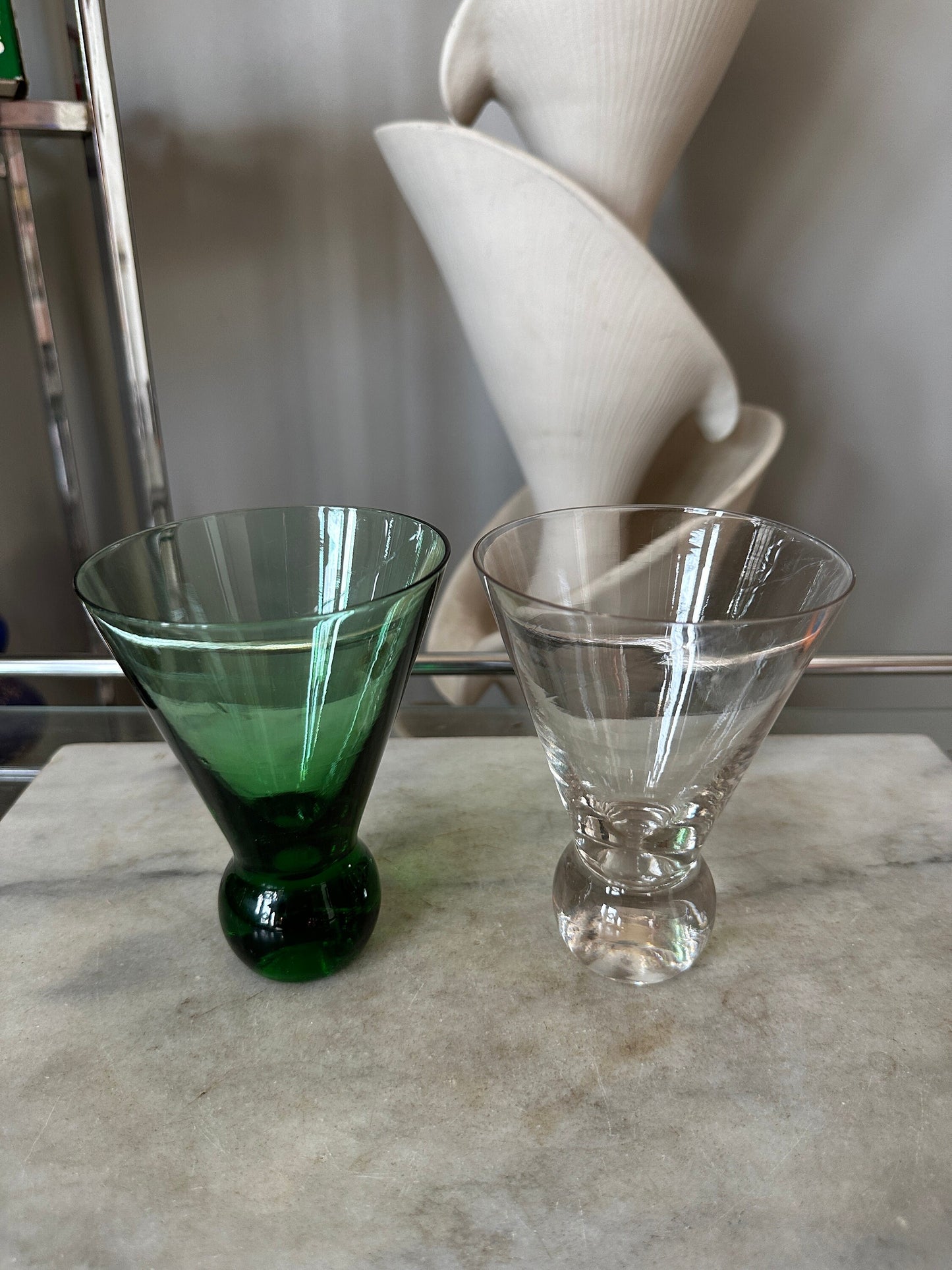 Vtg Heavy Ball Base Stemless Cosmo Cocktail Glasses  5 3/8” Barware | Set of 2 | One Clear and One Green