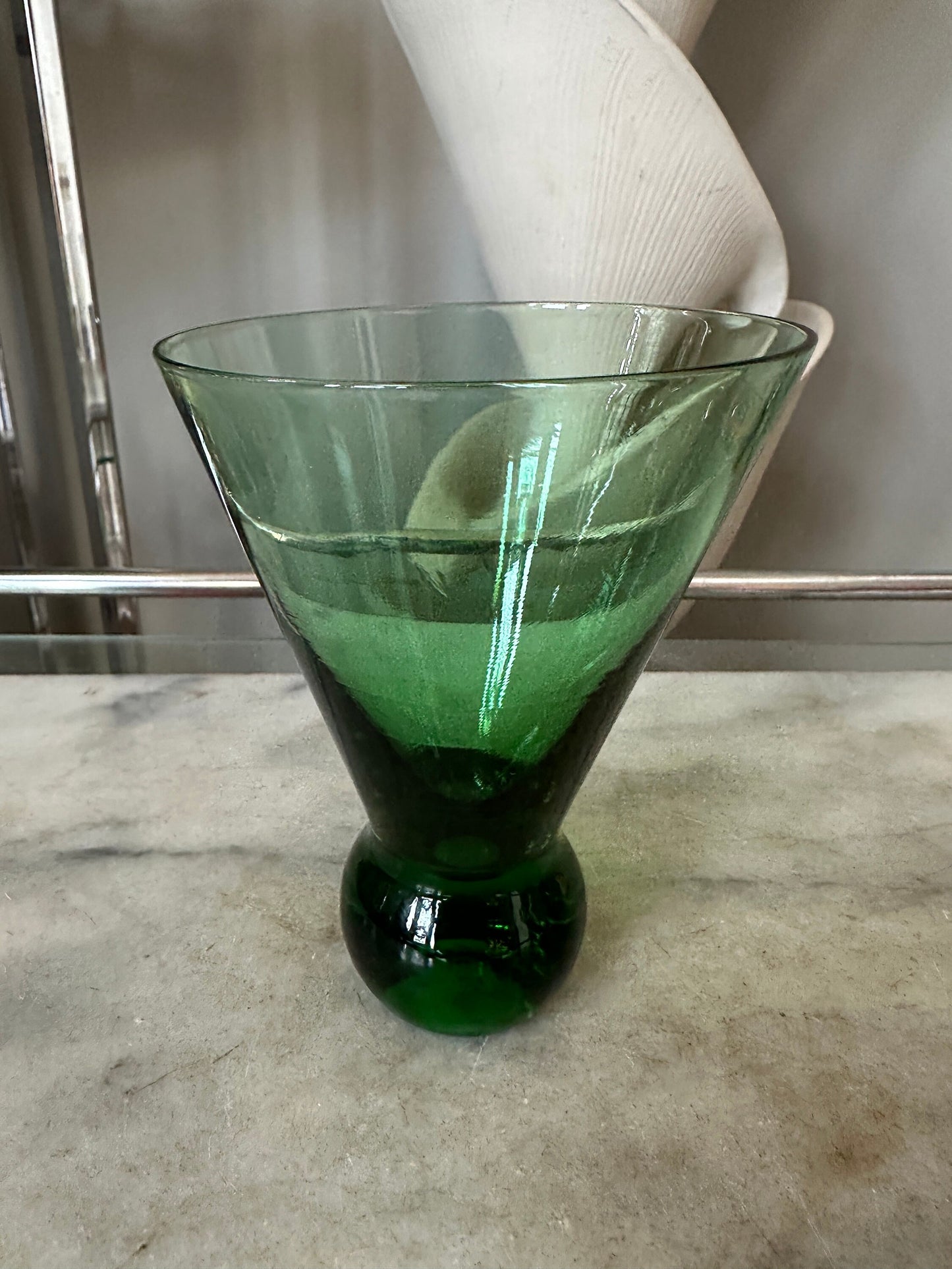 Vtg Heavy Ball Base Stemless Cosmo Cocktail Glasses  5 3/8” Barware | Set of 2 | One Clear and One Green