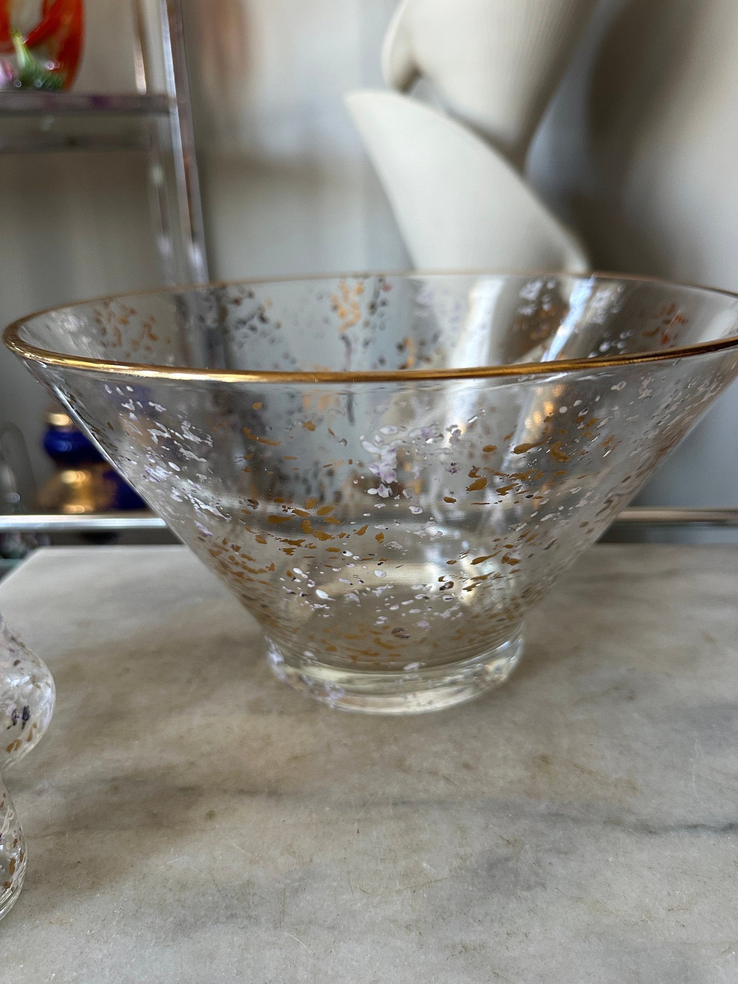 Vintage MCM  Gold and White Speckled 5pc. Salad Bowl w Matching Hazel Atlas Salt & Pepper/Cruets